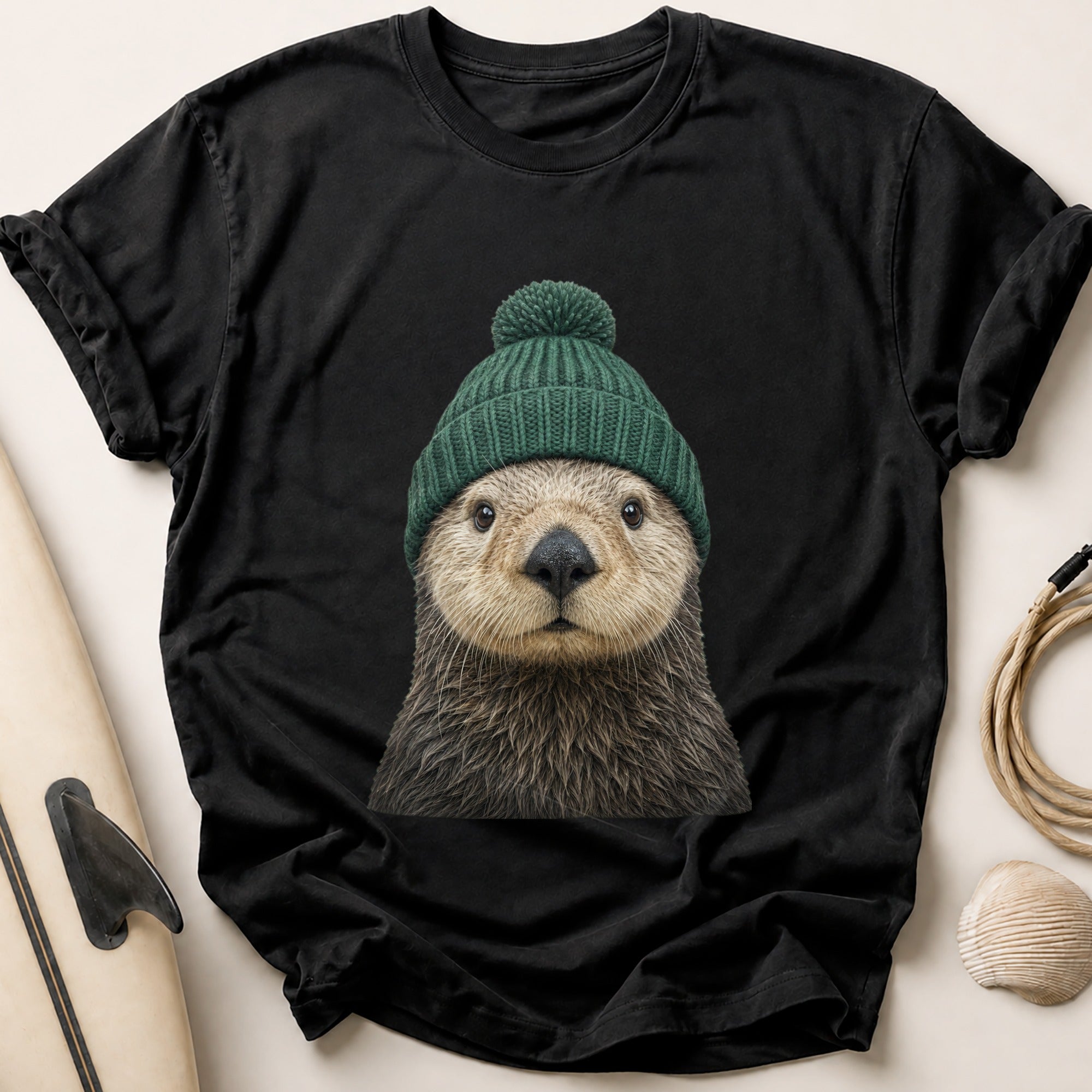 Sea Otter In A Knitted Beanie Tee - Black