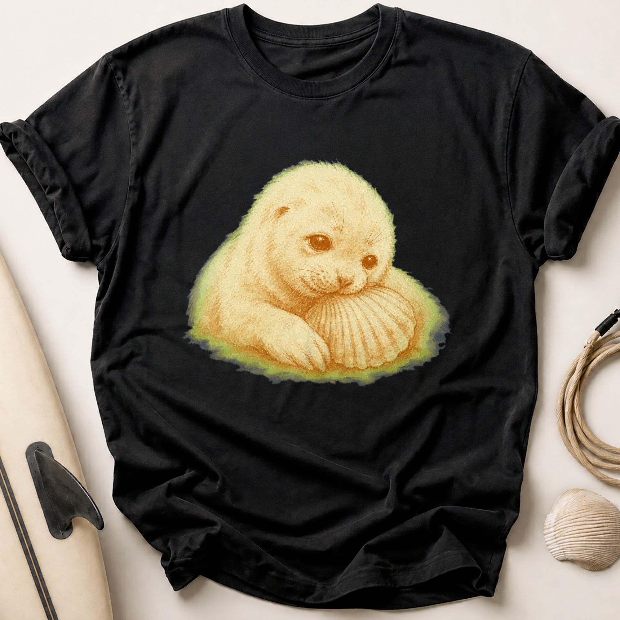 Seal Pup Nuzzling A Shell Tee - Black