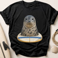 Harbour Seal On A Surfboard Tee - Black