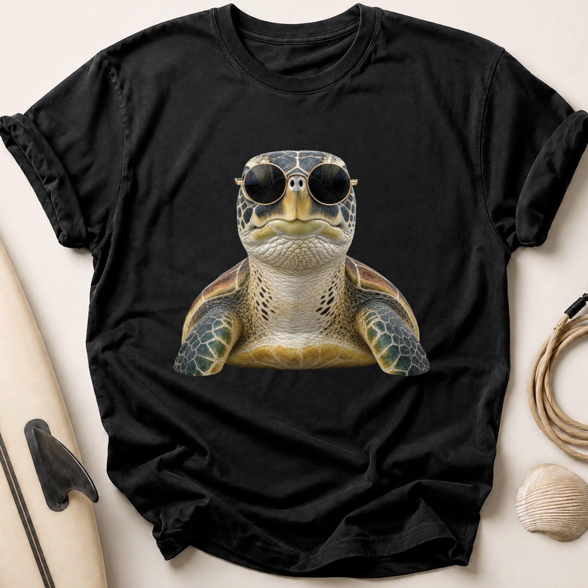 Green Sea Turtle In Round Sunglasses Tee - Black