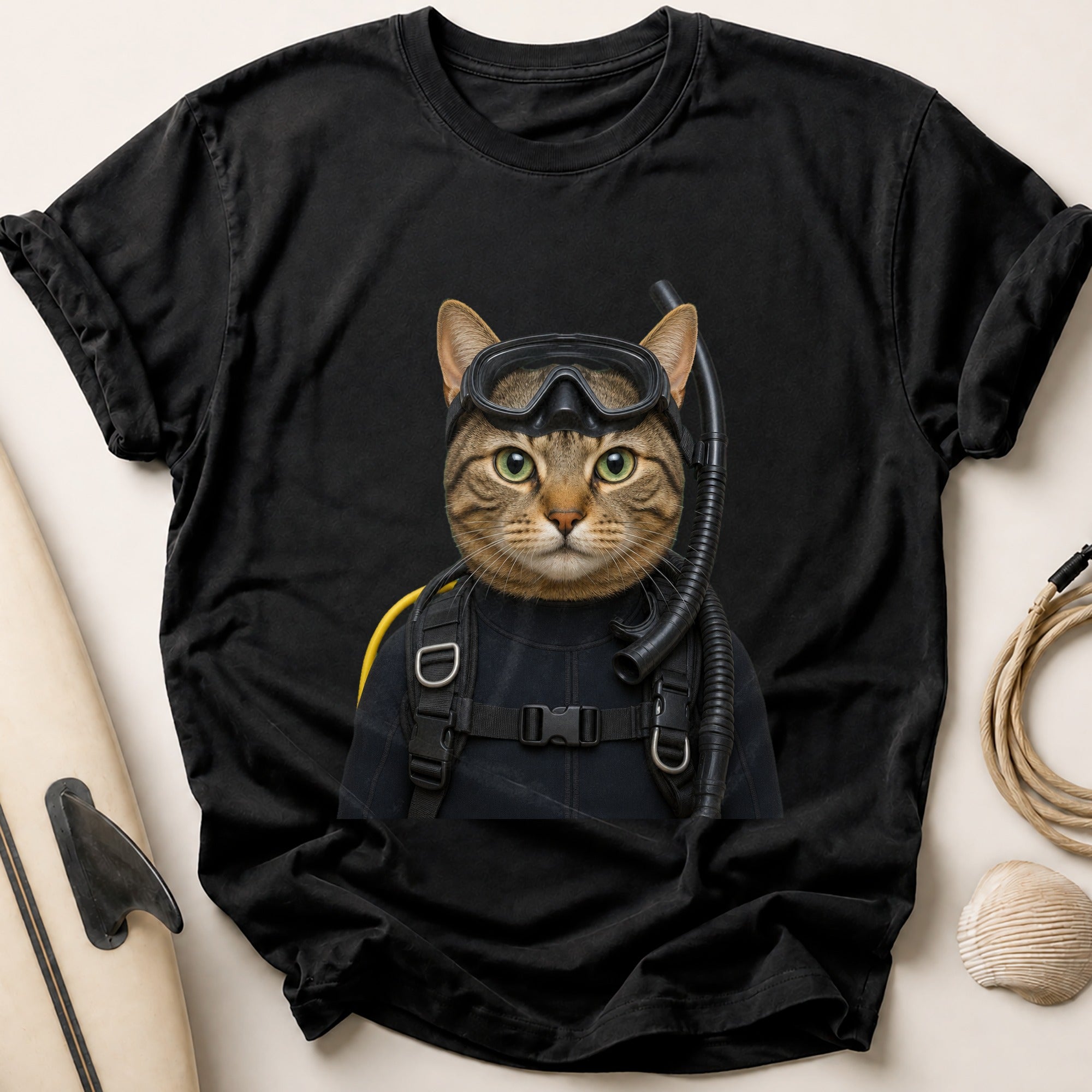 Tabby Cat In Scuba Gear Tee - Black