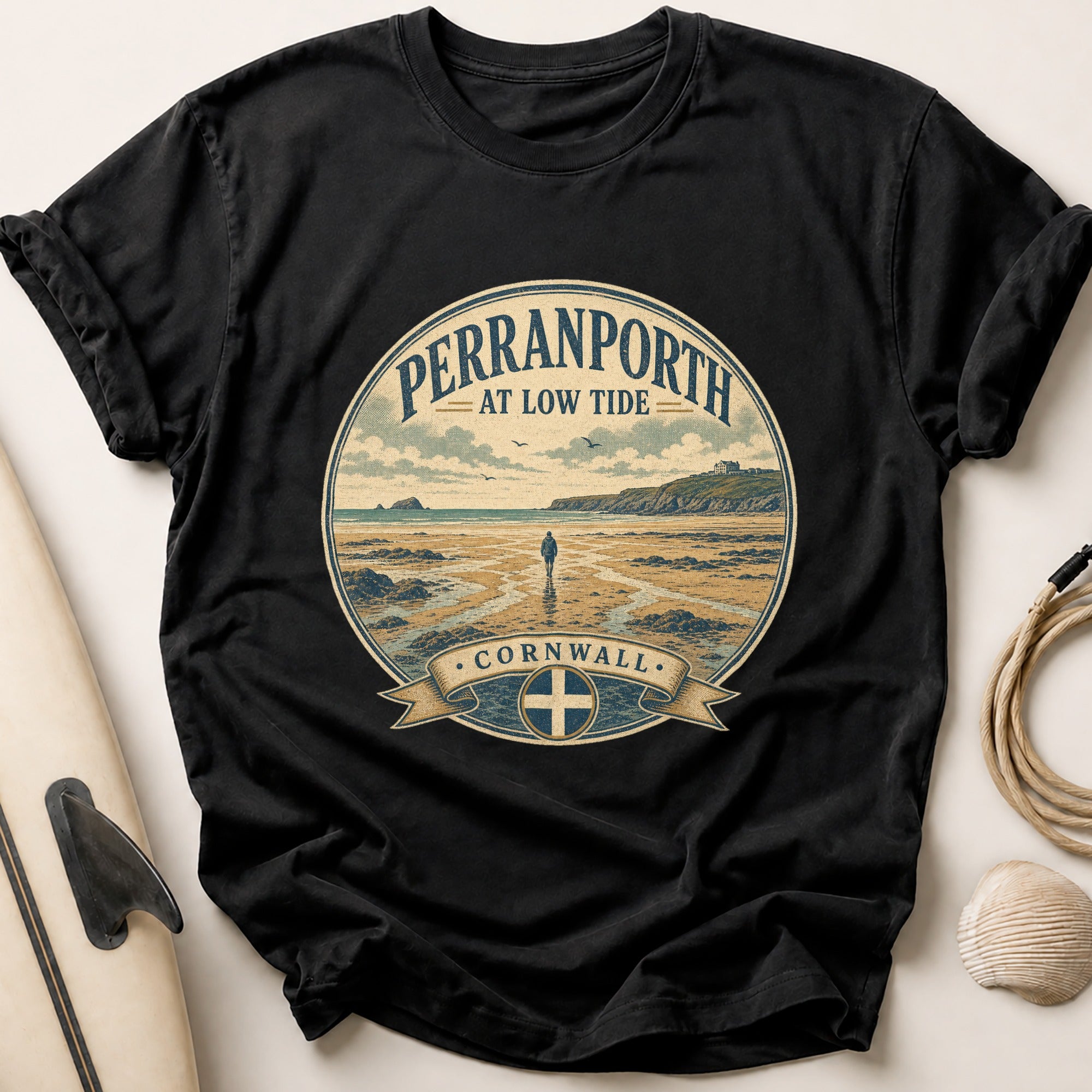 Perranporth at Low Tide Tee - Black