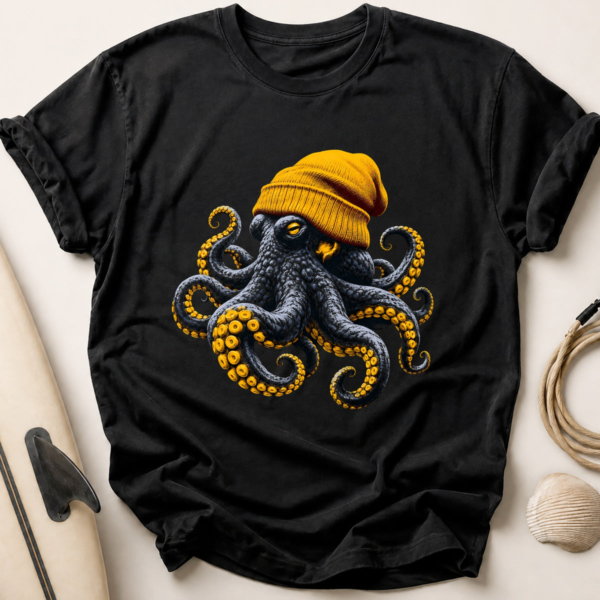 Octopus In A Mustard Beanie 16 Tee - Black