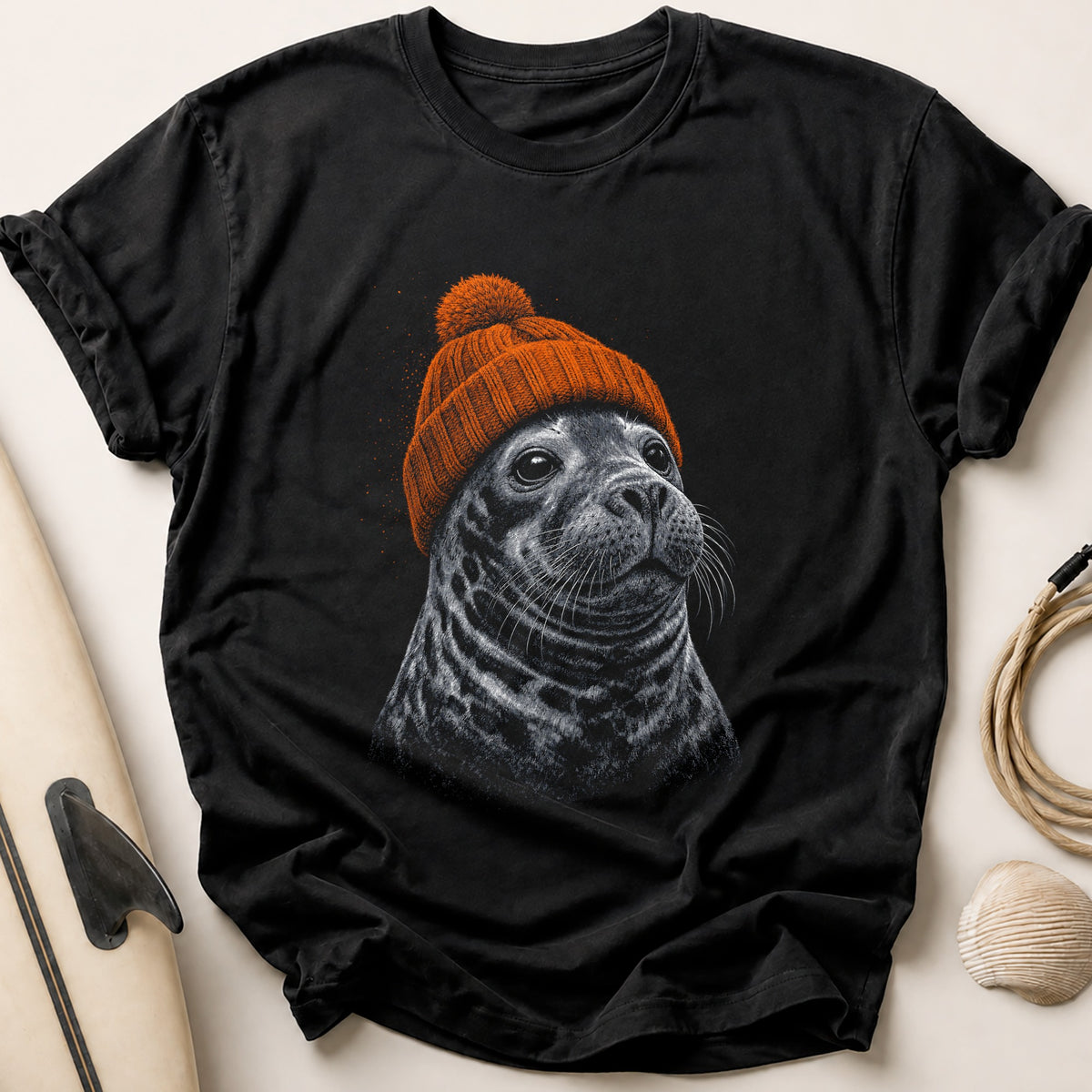 Seal In A Bobble Hat 77 Tee - Black