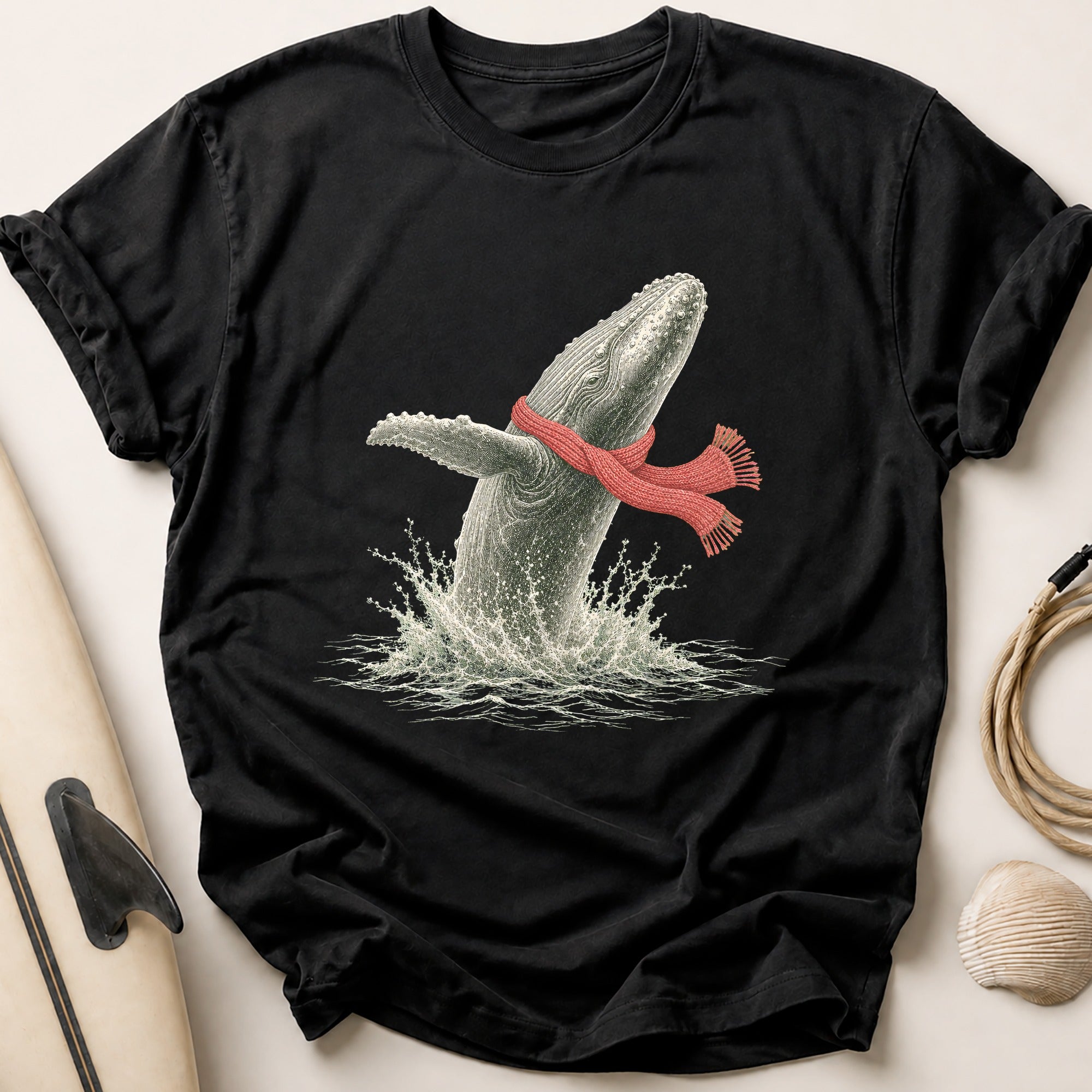 Whale In Red Scarf Tee - Black