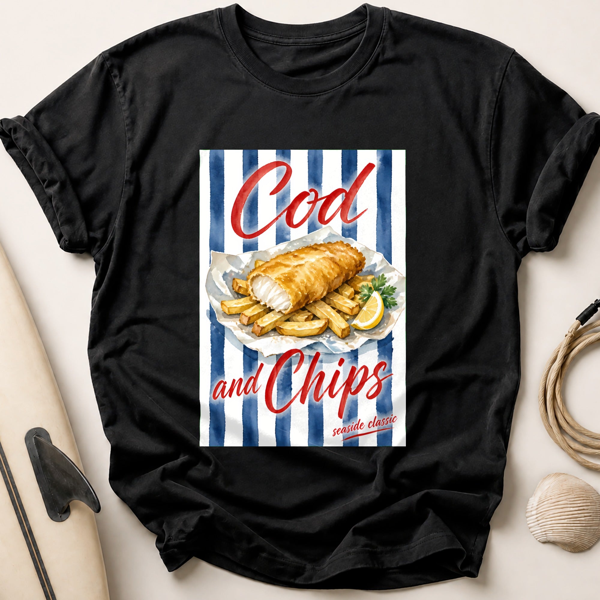 Cod and Chips Seaside Classic Fish Food Tee - Black