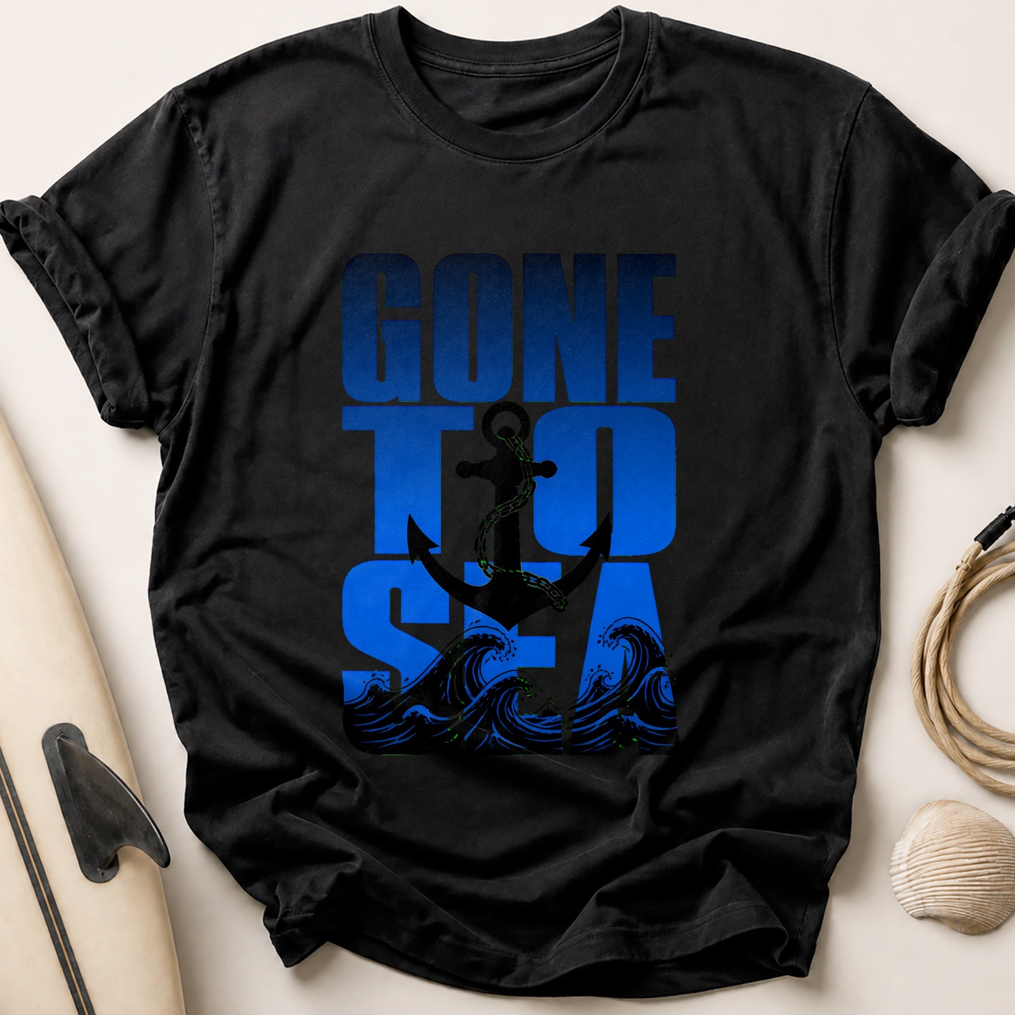 Gone Fishing Anchor Waves Nautical Tee - Black