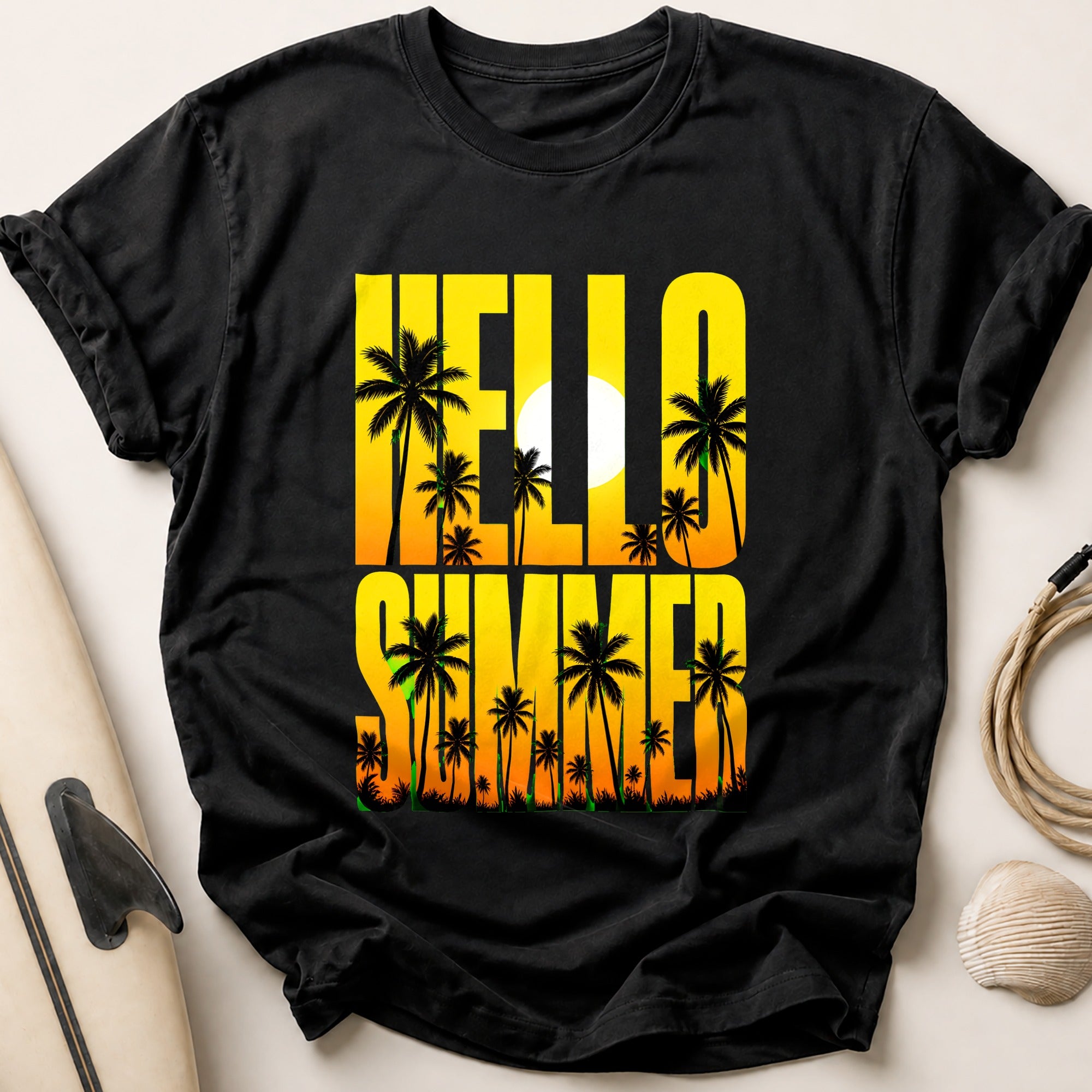 Hello Summer Palm Trees Tropical Tee - Black