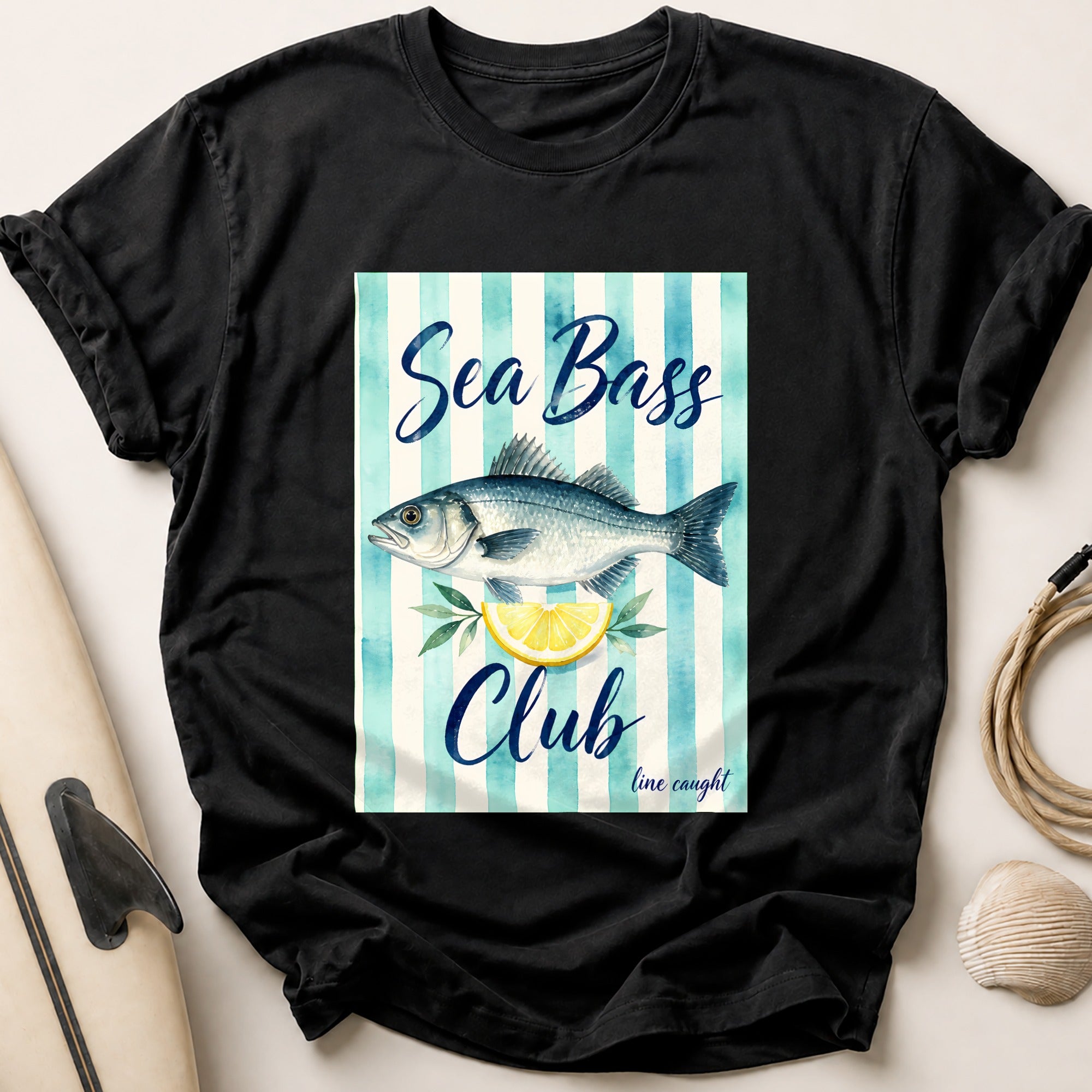 Sea Bass Club Line Caught Fishing Lemon Tee - Black