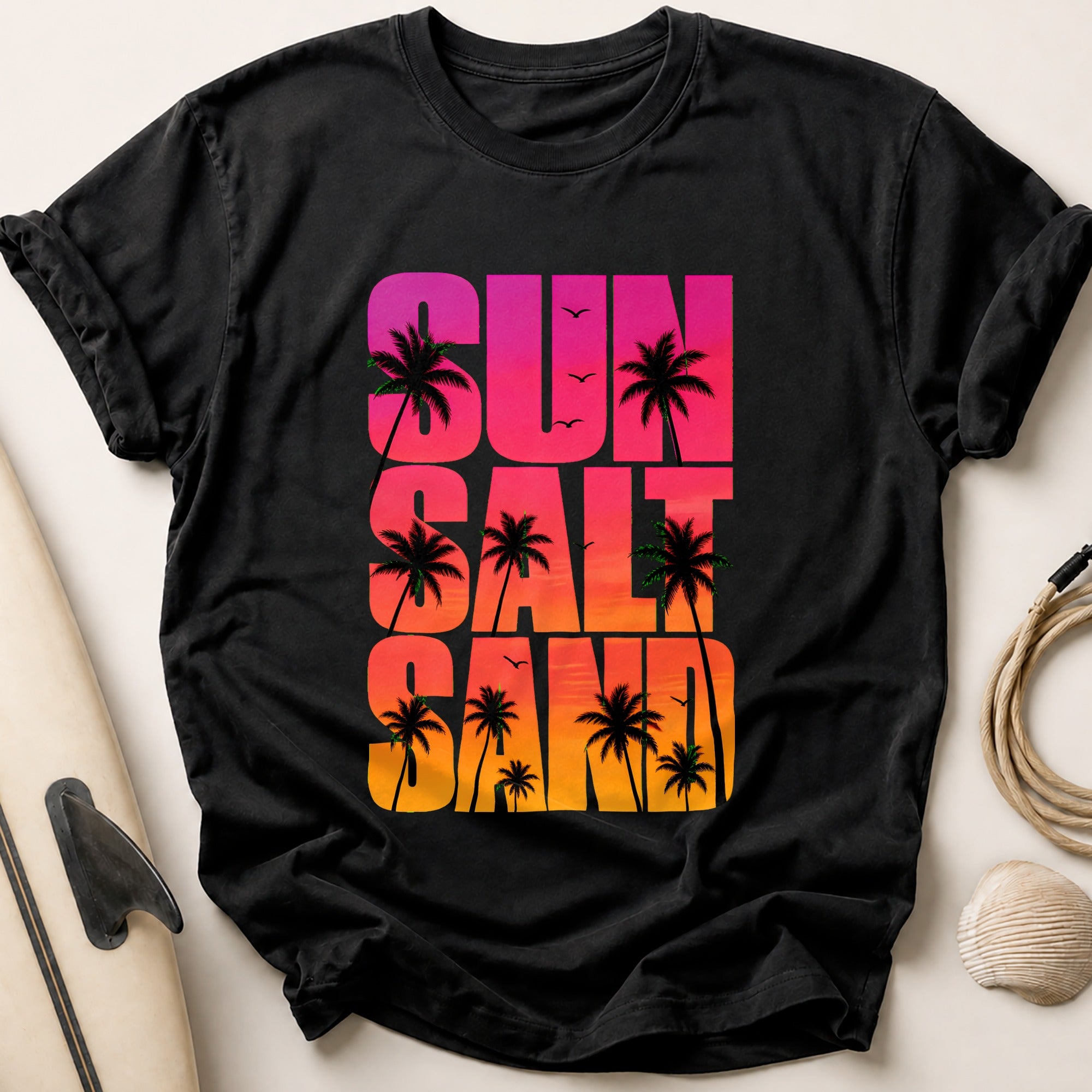 Sun and Palm Trees Retro Beach Vacation Funny Tee - Black