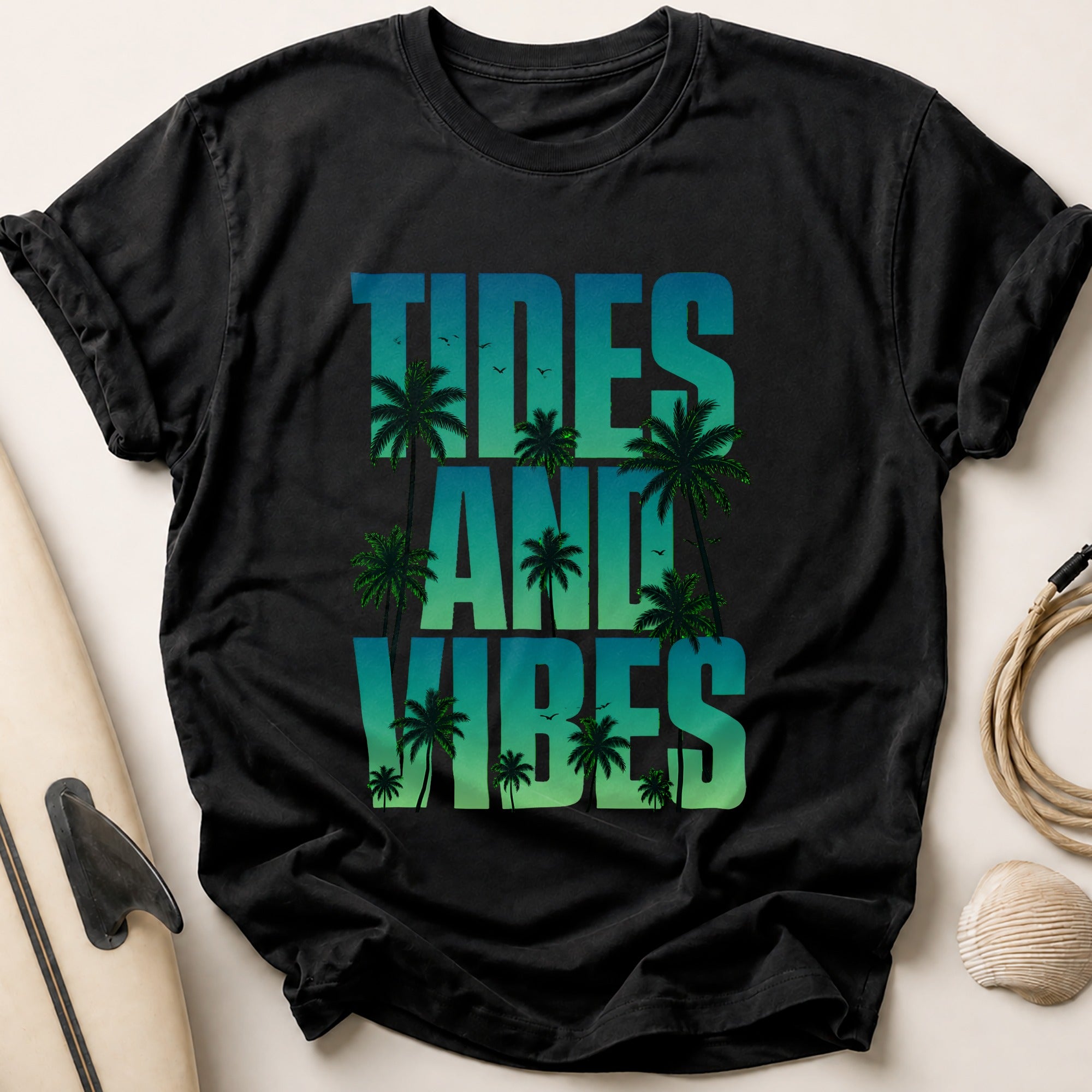 Tides and Vibes Tropical Beach Funny Tee - Black