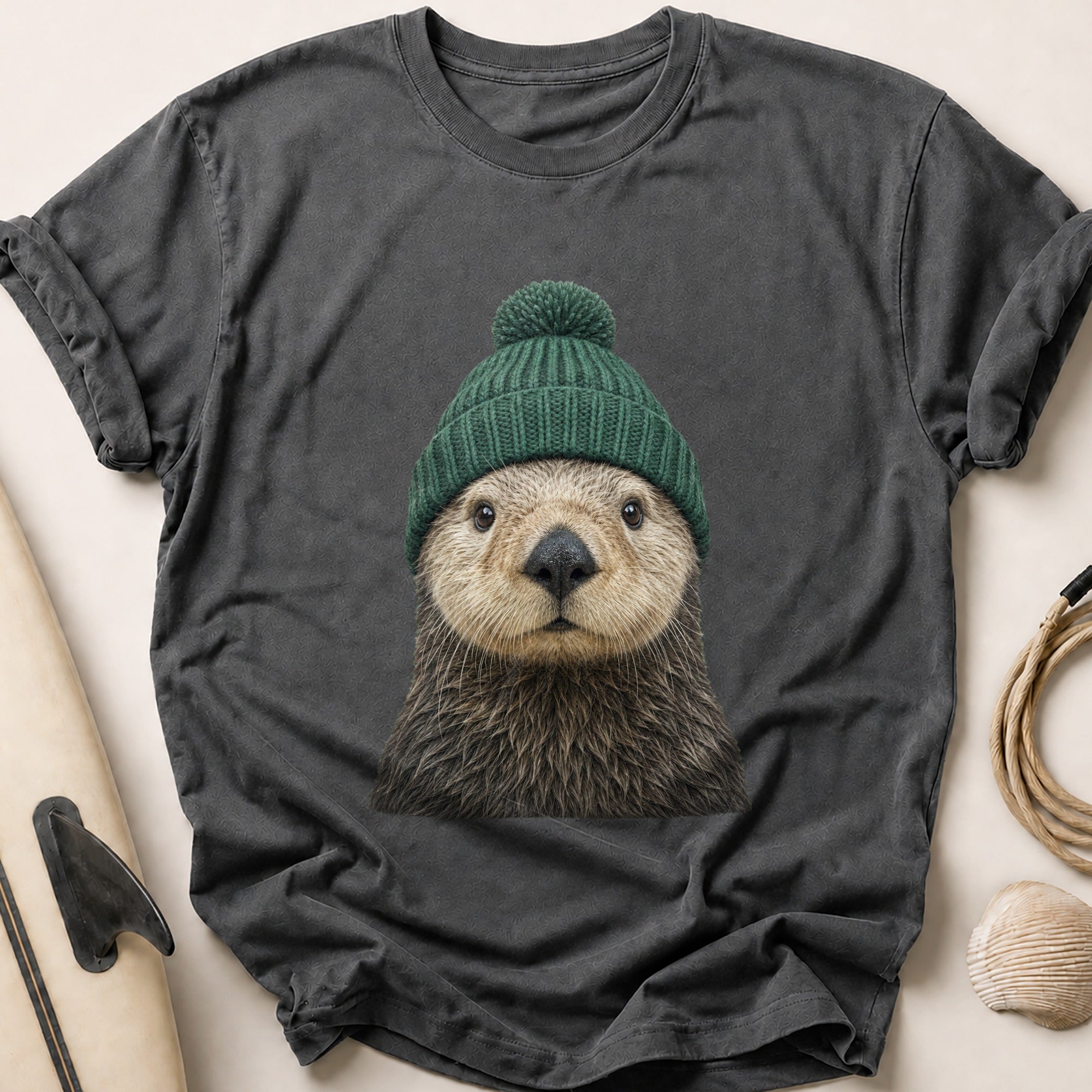 Sea Otter In A Knitted Beanie Tee - Charcoal