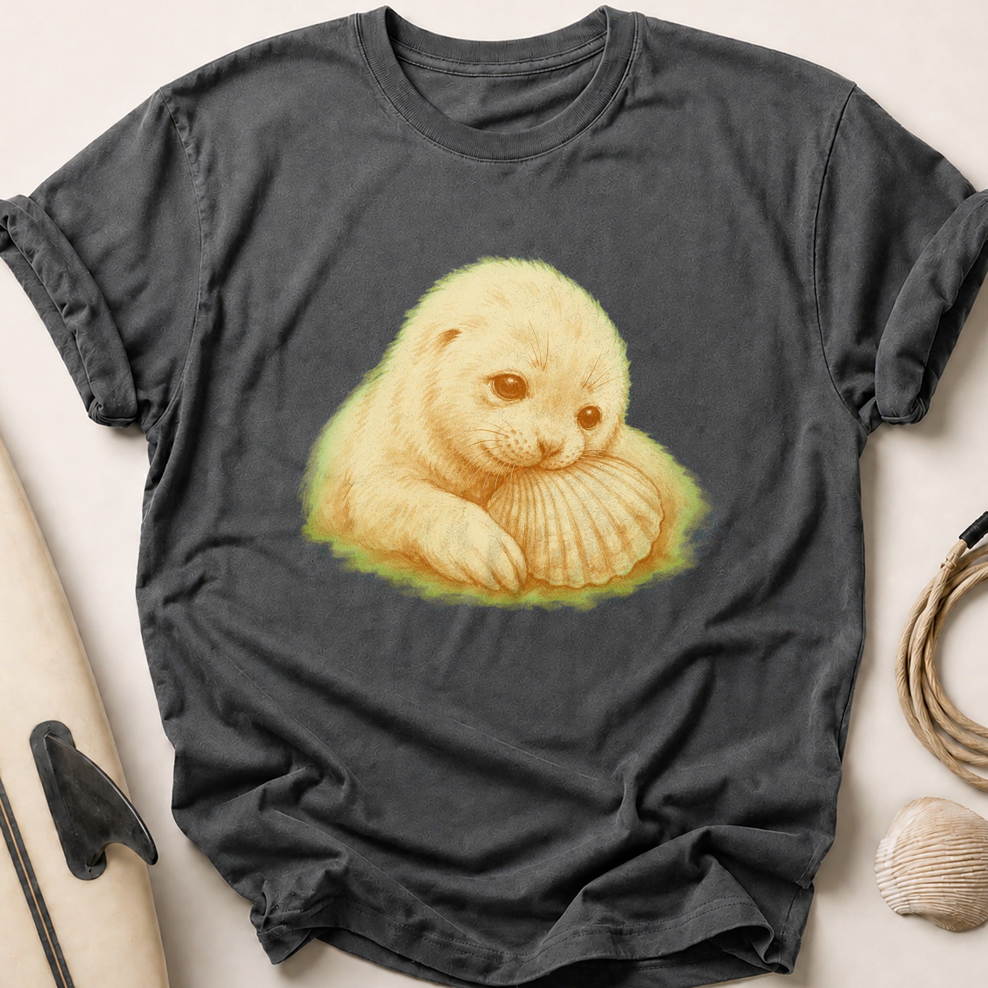 Seal Pup Nuzzling A Shell Tee - Charcoal