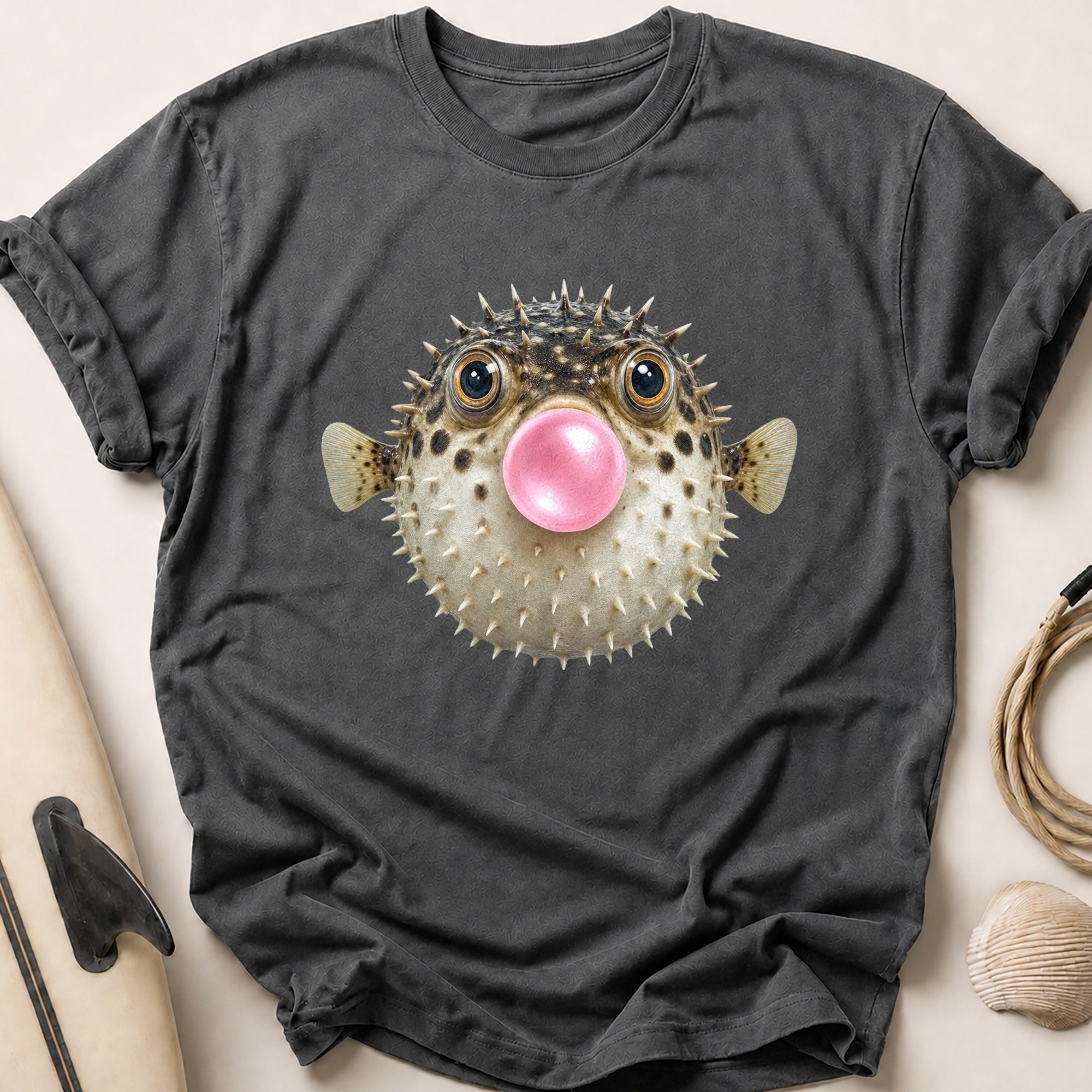 Pufferfish Blowing A Bubblegum Bubble Tee - Charcoal
