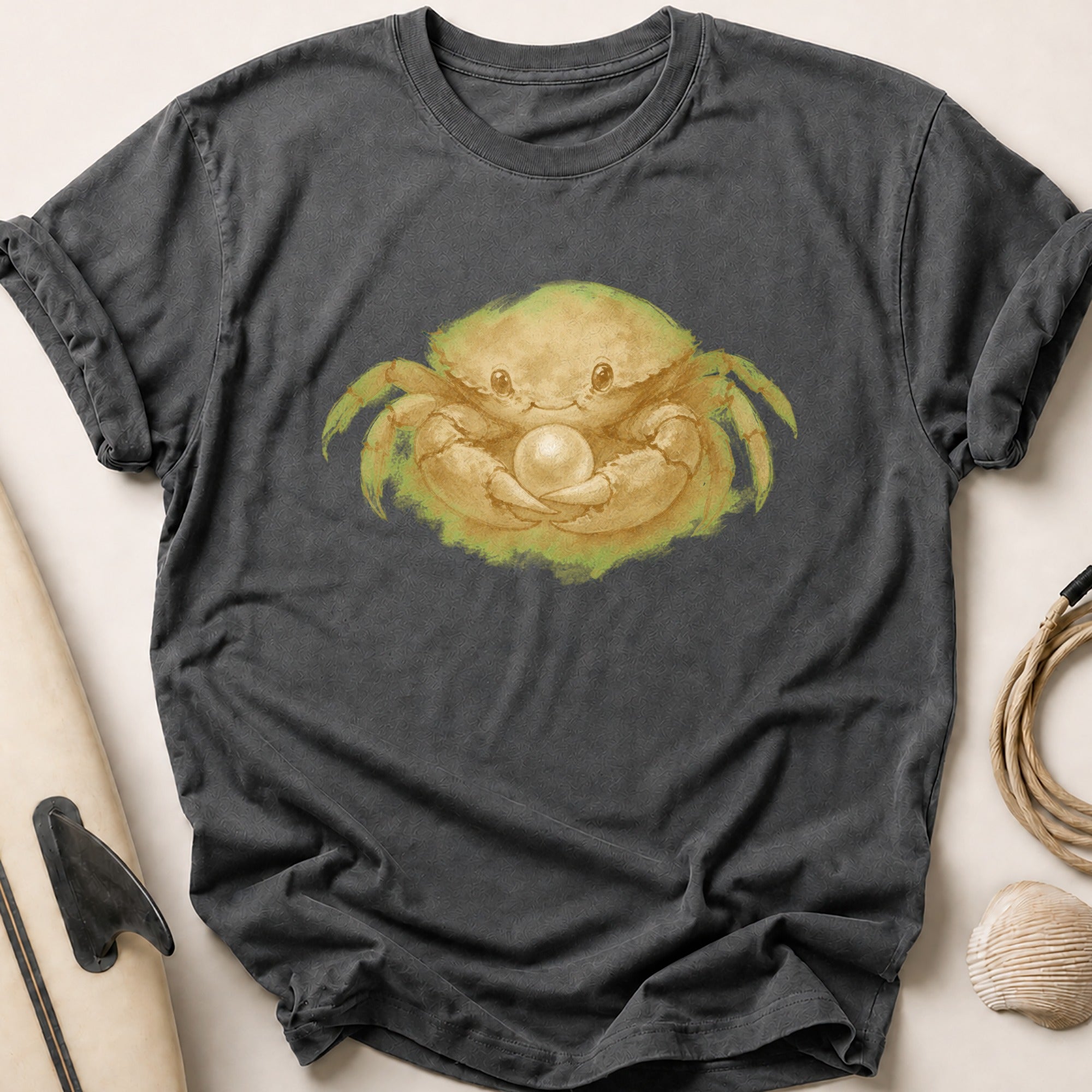 Crab Cradling A Pearl Tee - Charcoal