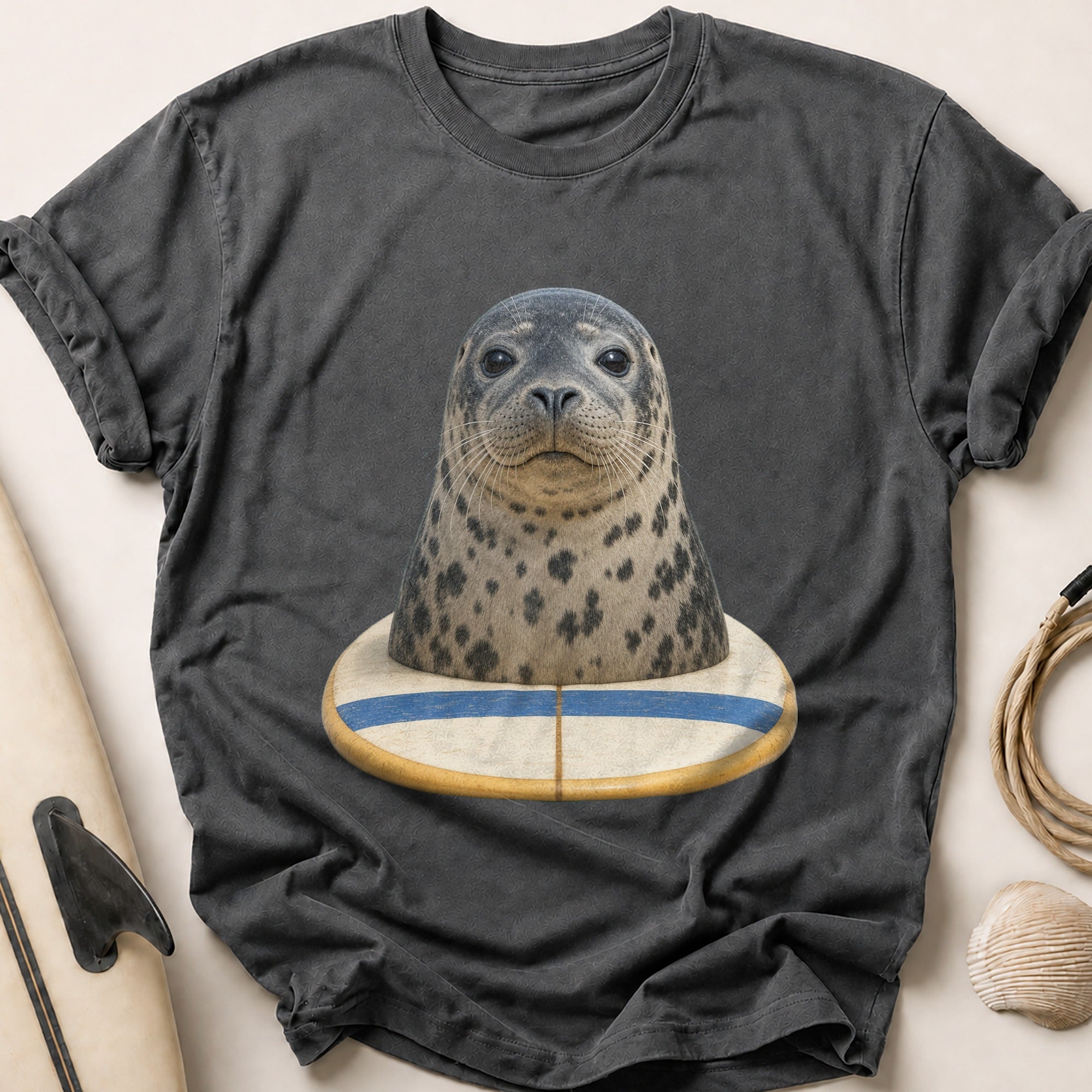 Harbour Seal On A Surfboard Tee - Charcoal
