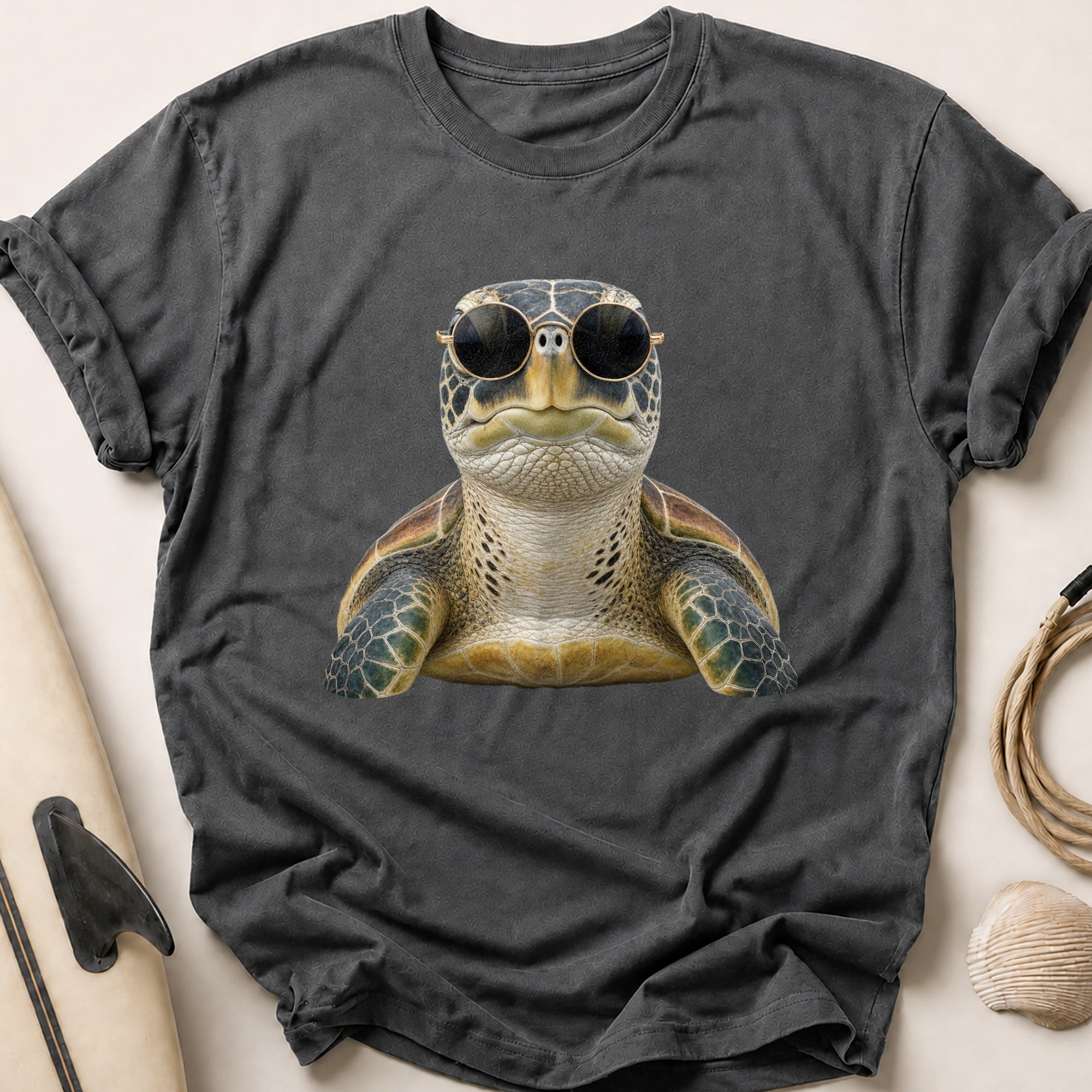 Green Sea Turtle In Round Sunglasses Tee - Charcoal