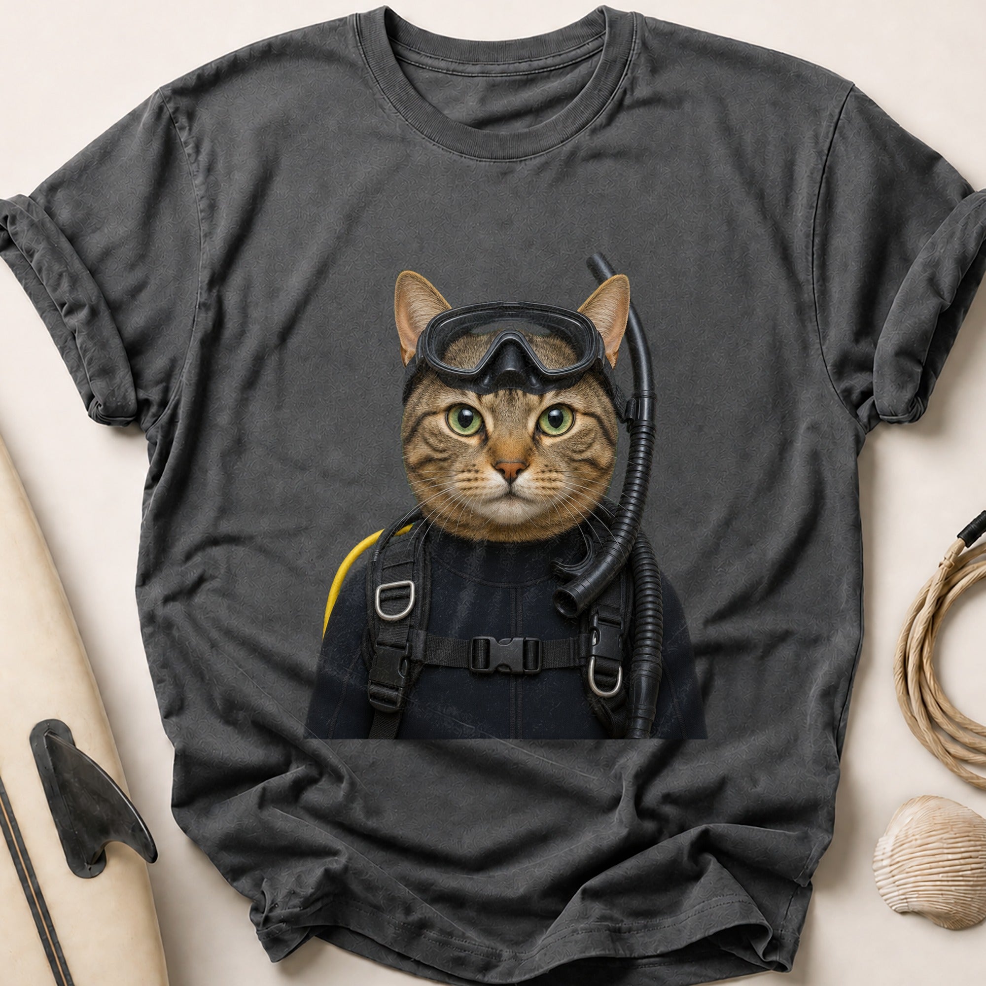 Tabby Cat In Scuba Gear Tee - Charcoal