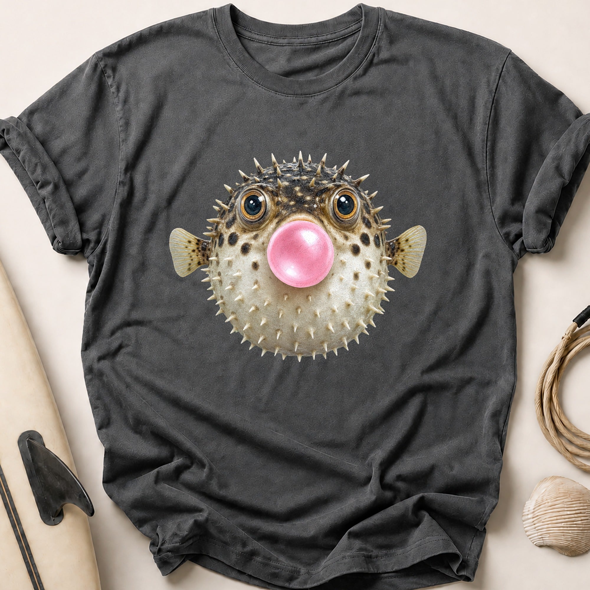 Bubble Blowing Pufferfish Tee - Charcoal