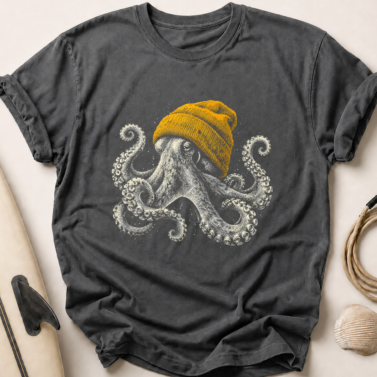 Octopus In A Beanie 17 Tee - Charcoal