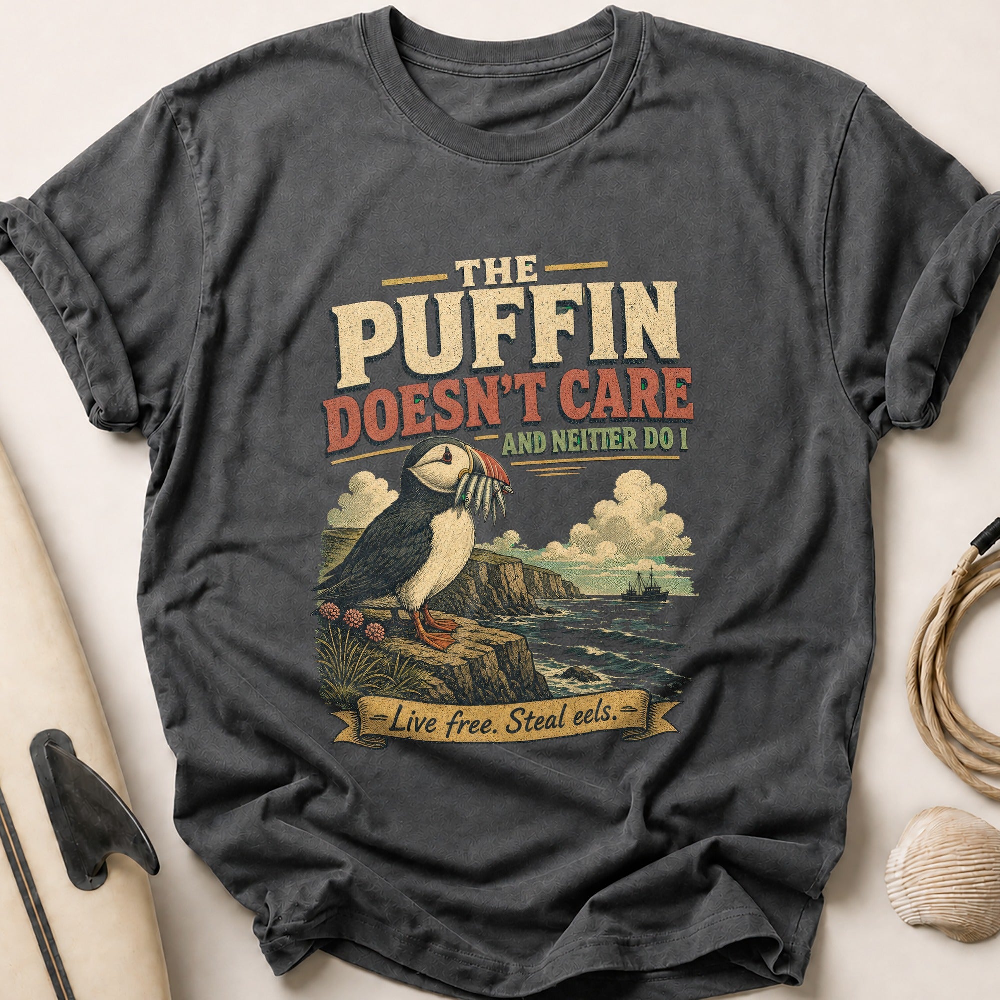 Puffin Doesn't Care Tee - Charcoal
