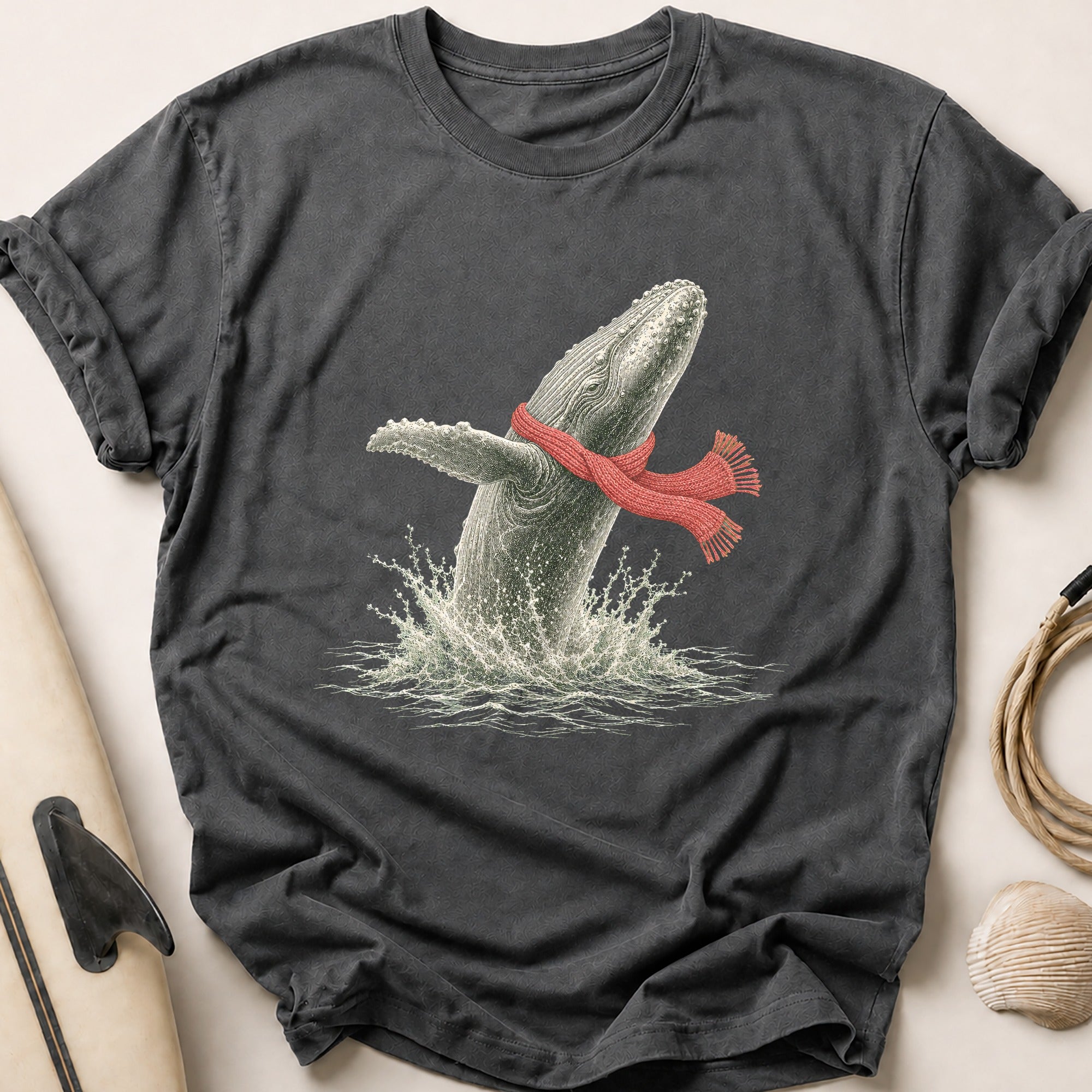 Whale In Red Scarf Tee - Charcoal