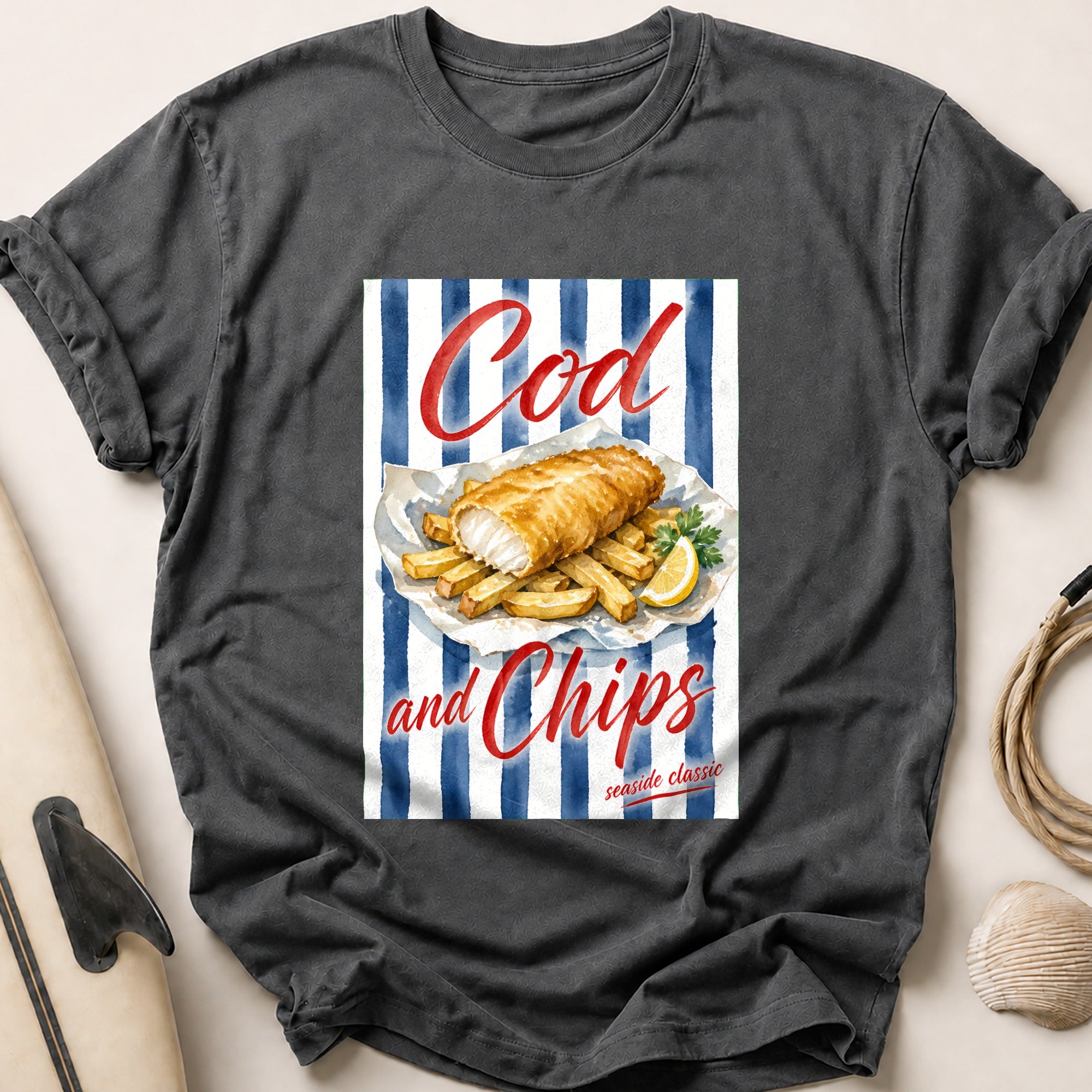 Cod and Chips Seaside Classic Fish Food Tee - Charcoal
