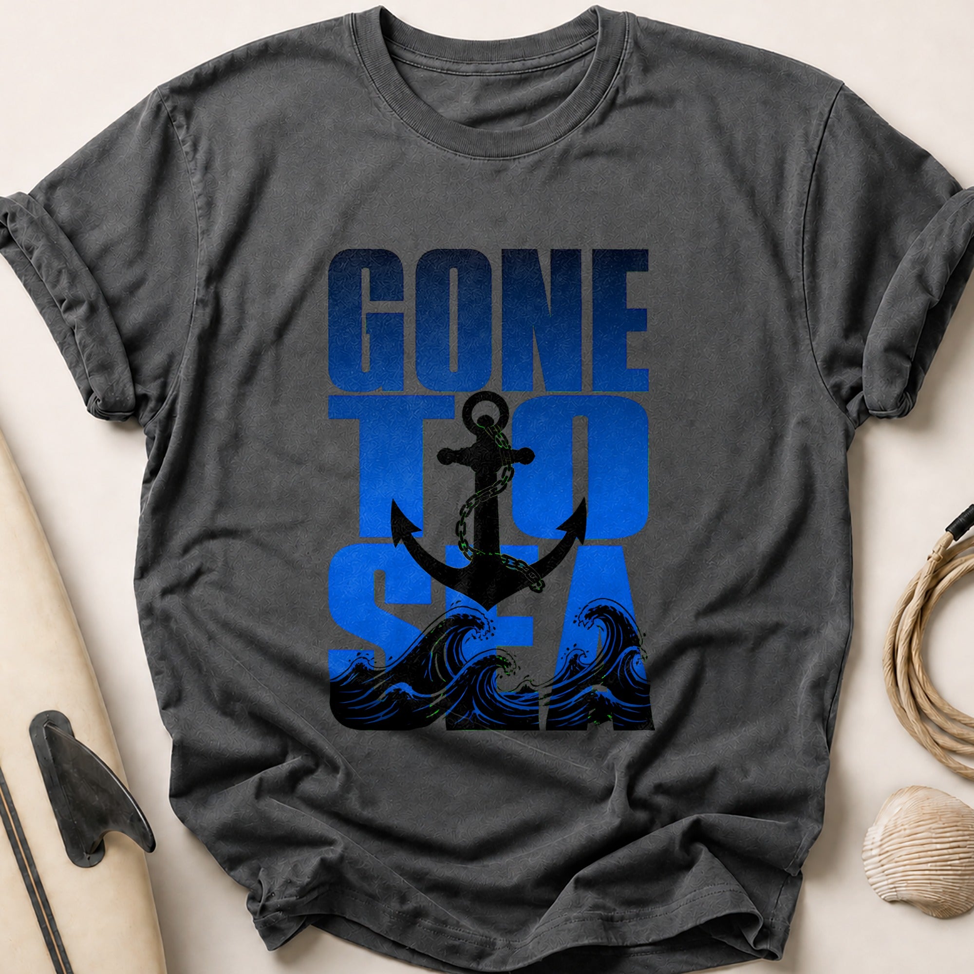 Gone Fishing Anchor Waves Nautical Tee - Charcoal