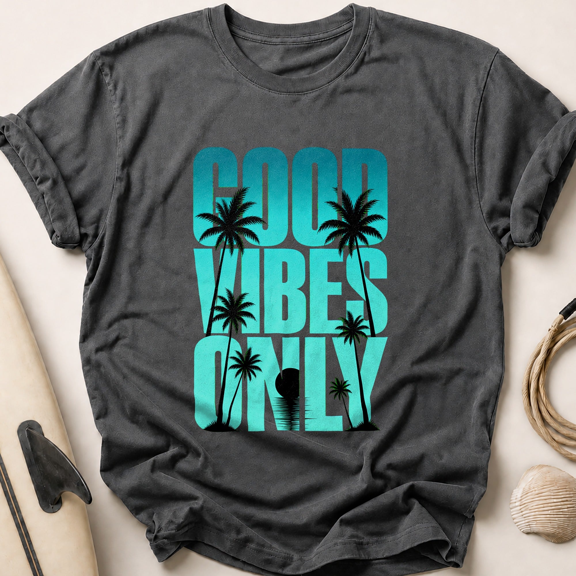 Good Vibes Palm Tree Tropical Tee - Charcoal