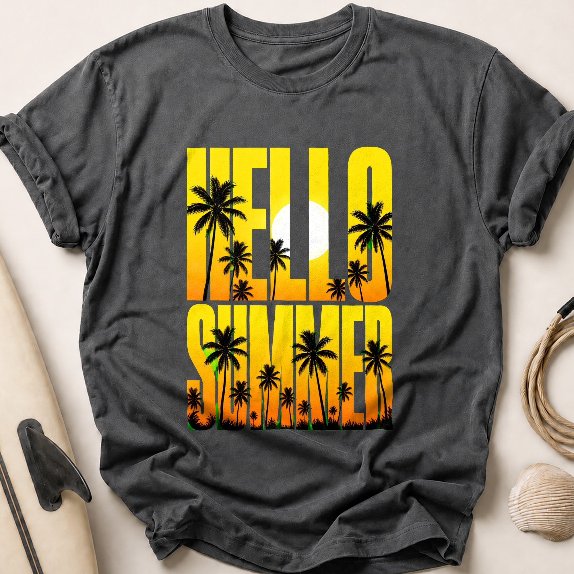 Hello Summer Palm Trees Tropical Tee - Charcoal