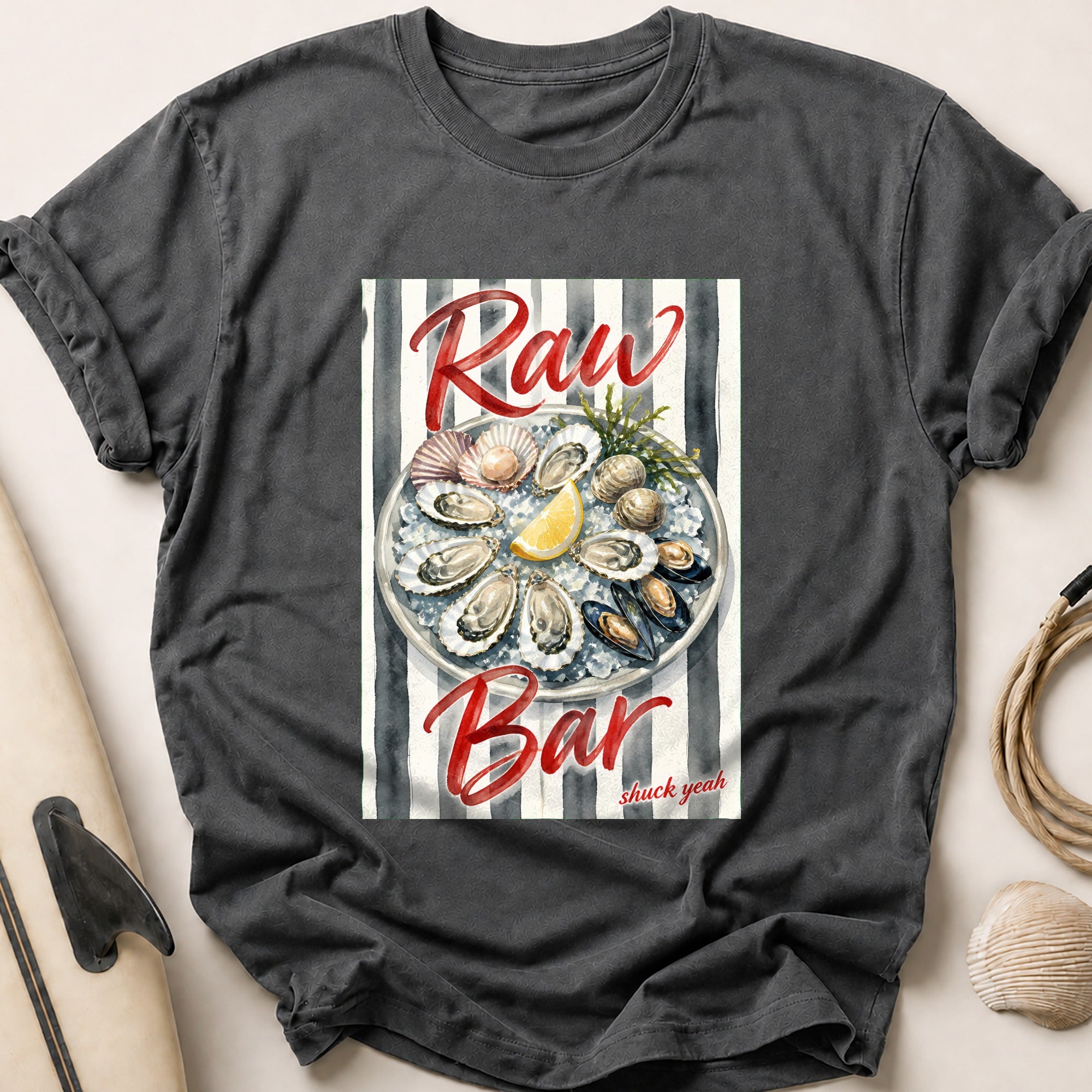 Raw Bar Shuck Yeah Oyster Seafood Funny Tee - Charcoal