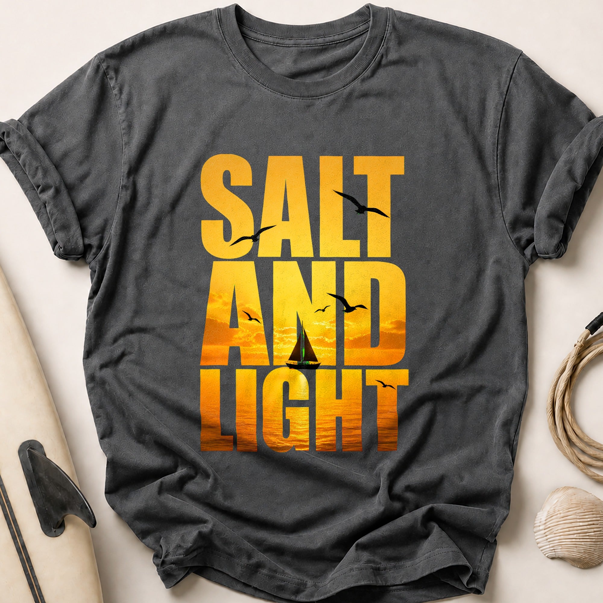 Salt and Light Sailboat Ocean Sunset Tee - Charcoal