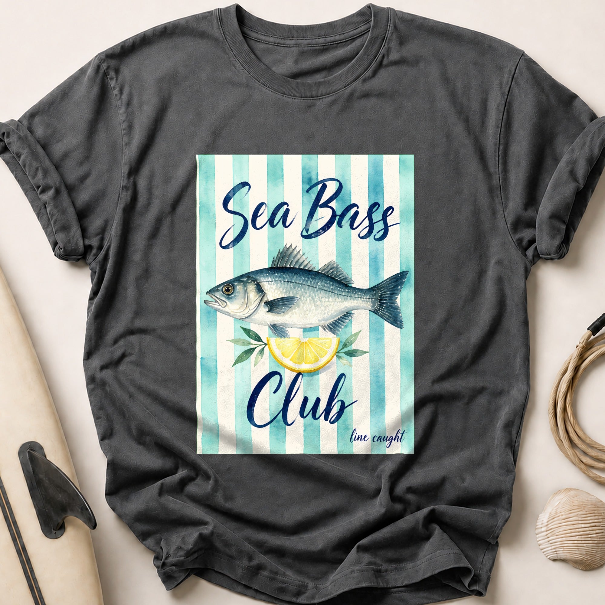 Sea Bass Club Line Caught Fishing Lemon Tee - Charcoal