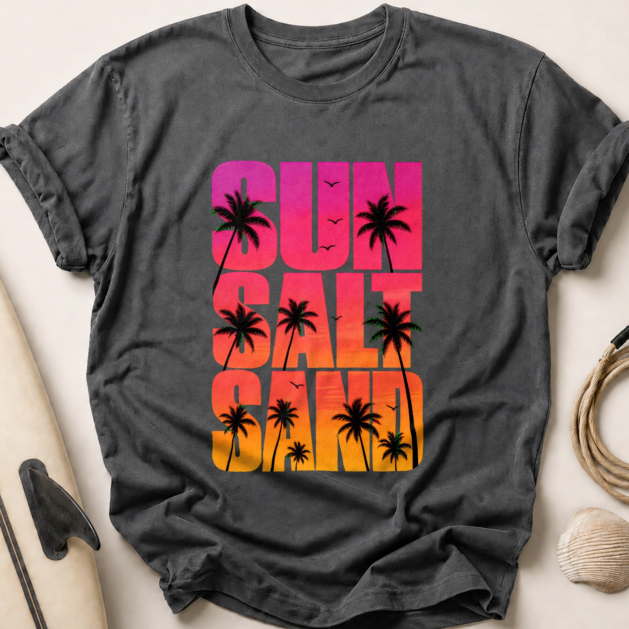 Sun and Palm Trees Retro Beach Vacation Funny Tee - Charcoal