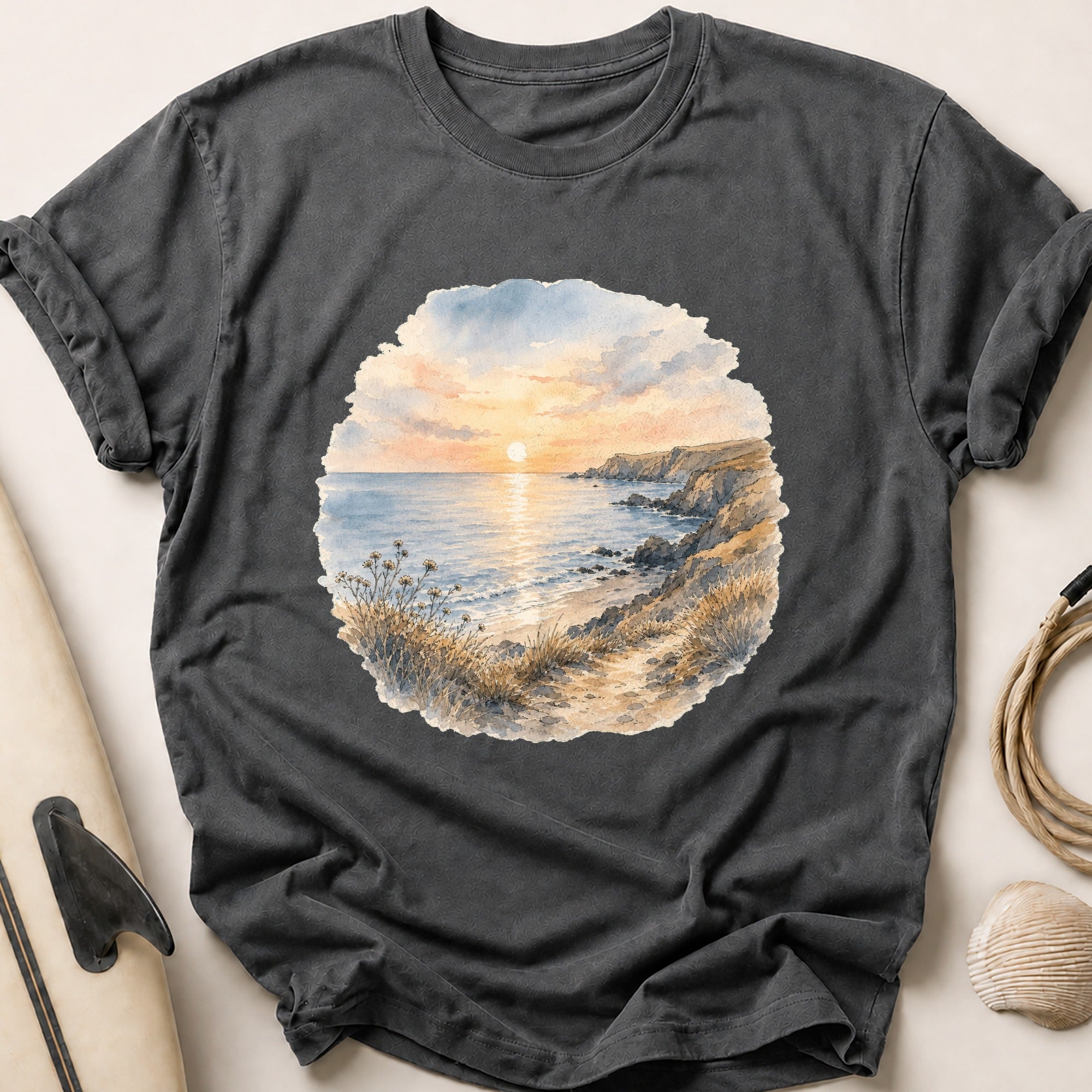 Watercolour Sunset Sea Tee - Charcoal
