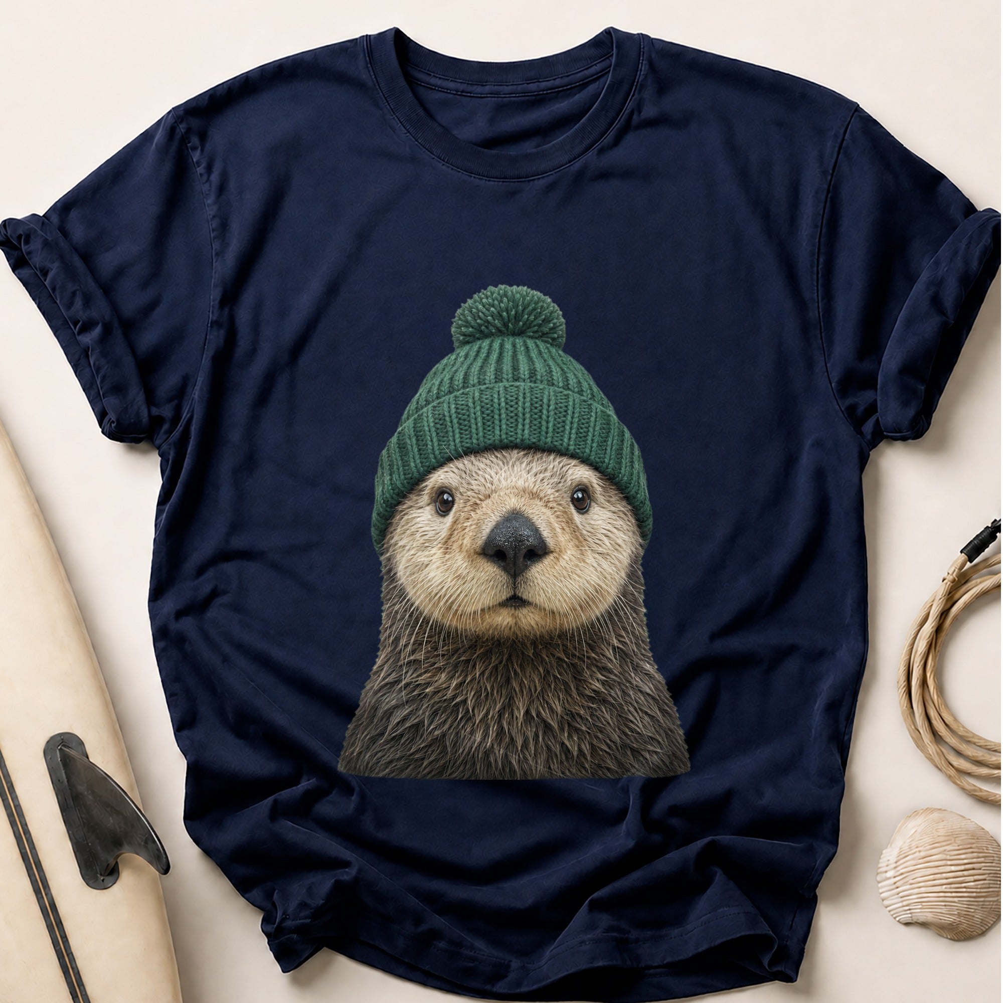 Sea Otter In A Knitted Beanie Tee - Navy