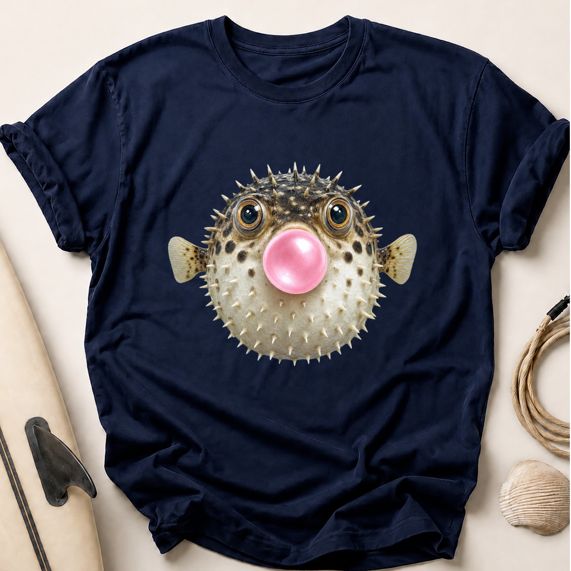 Pufferfish Blowing A Bubblegum Bubble Tee - Navy