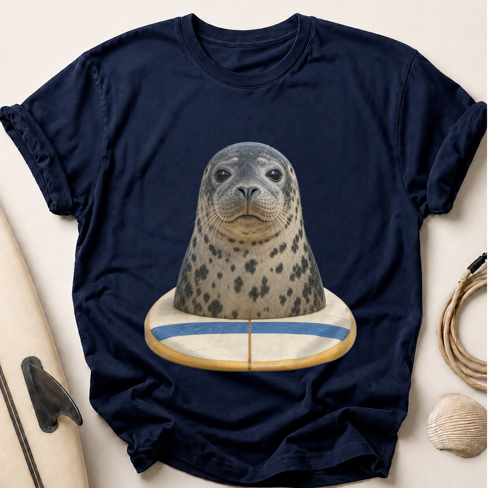 Harbour Seal On A Surfboard Tee - Navy