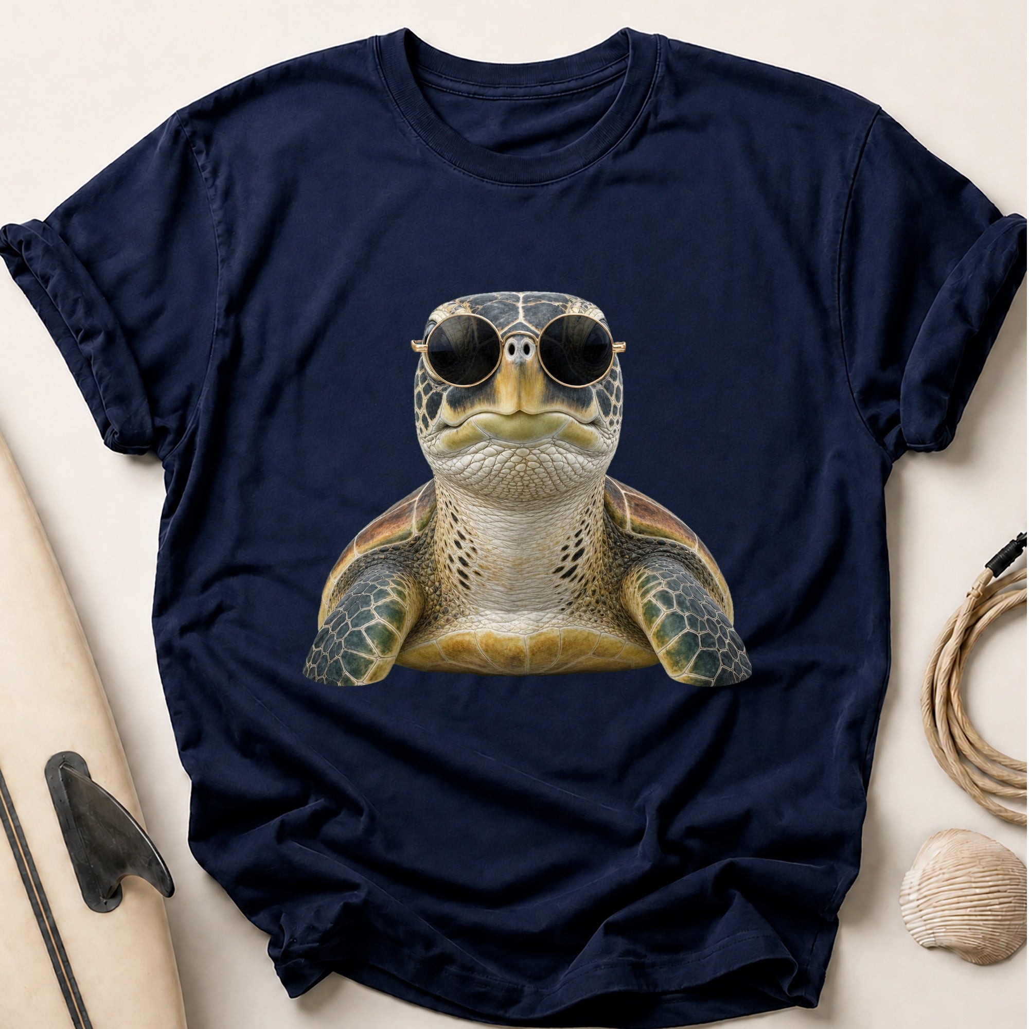 Green Sea Turtle In Round Sunglasses Tee - Navy