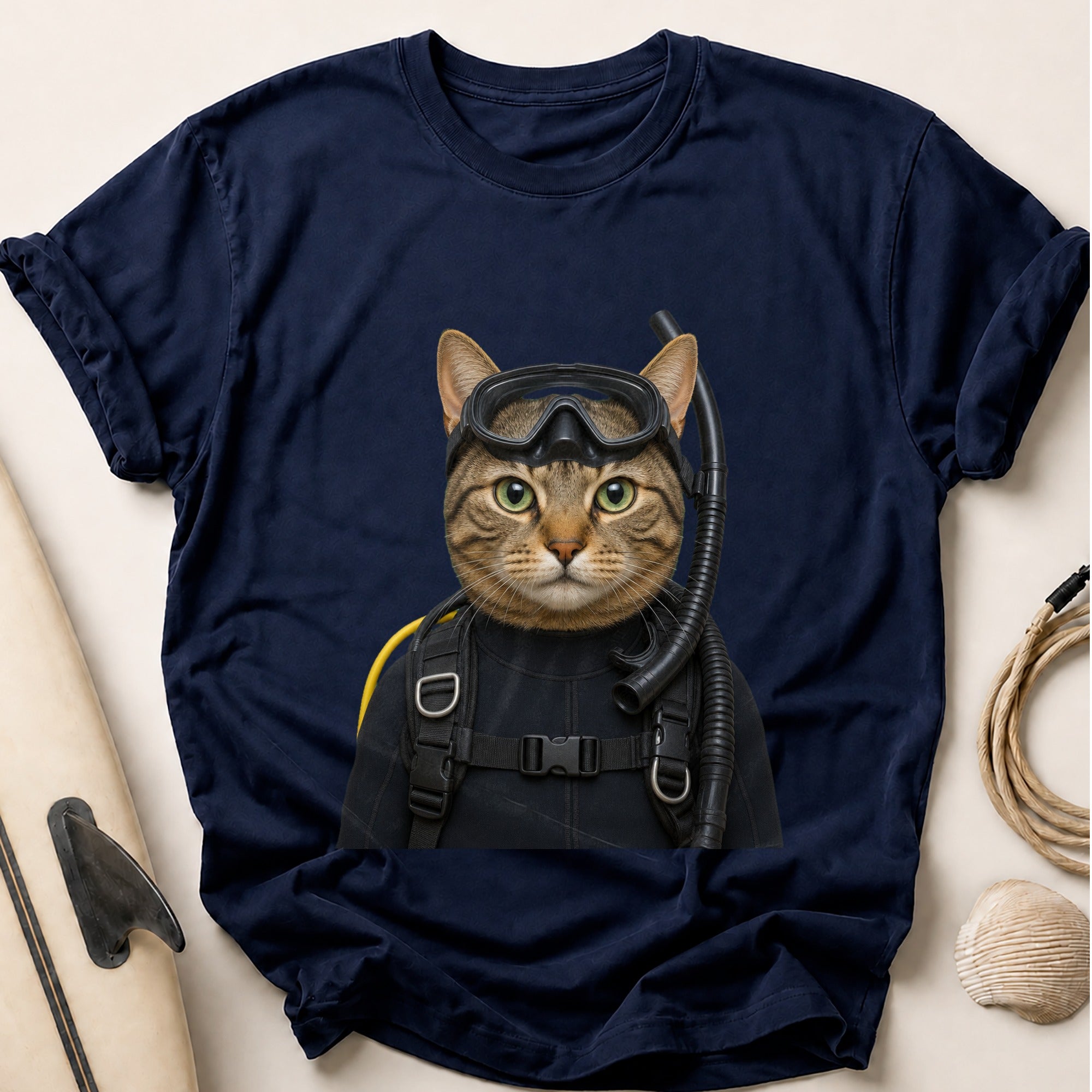 Tabby Cat In Scuba Gear Tee - Navy