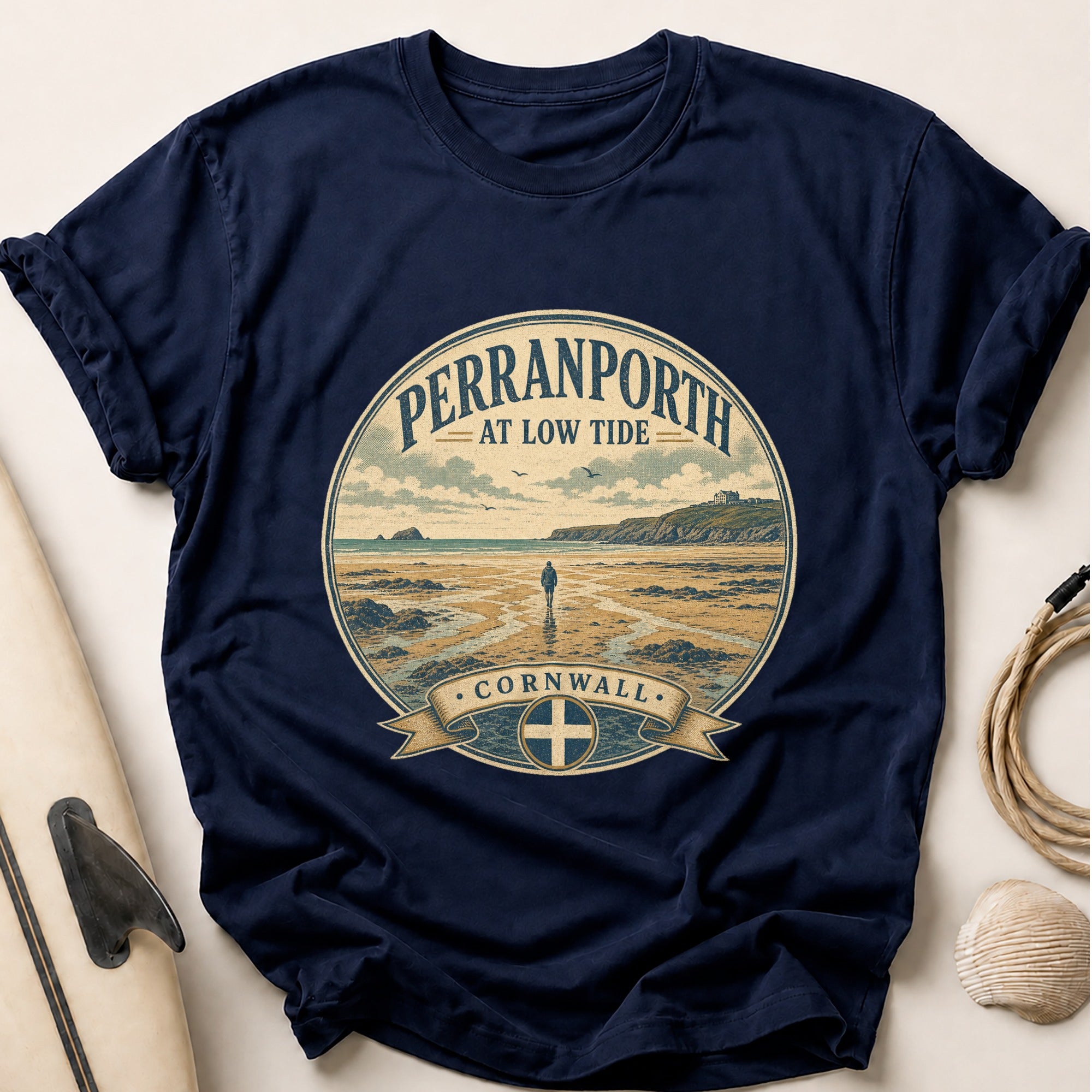 Perranporth at Low Tide Tee - Navy
