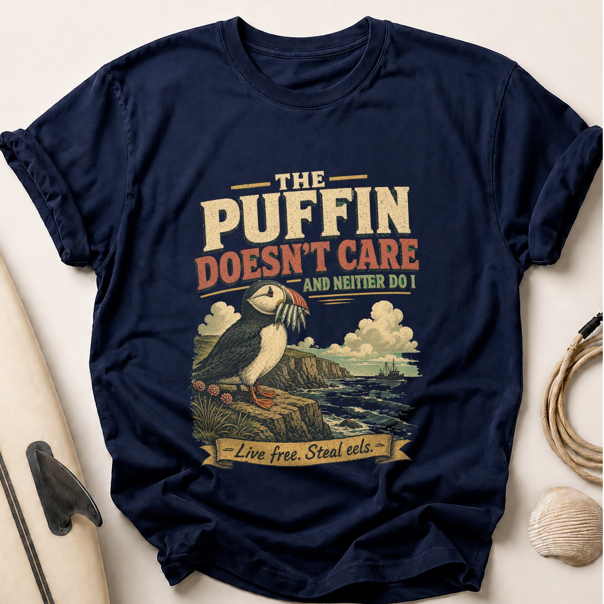 Puffin Doesn't Care Tee - Navy