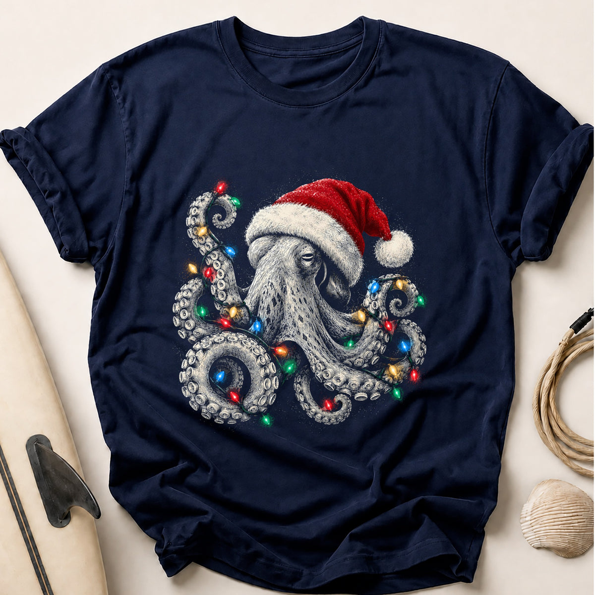 Santa Octopus Christmas Lights 14 Tee - Navy