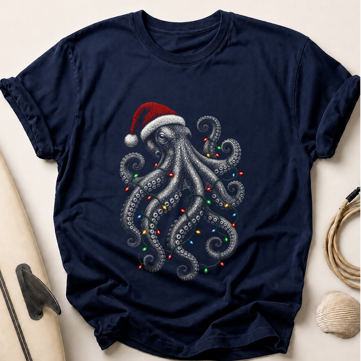 Santa Octopus Christmas Lights 76 Tee - Navy