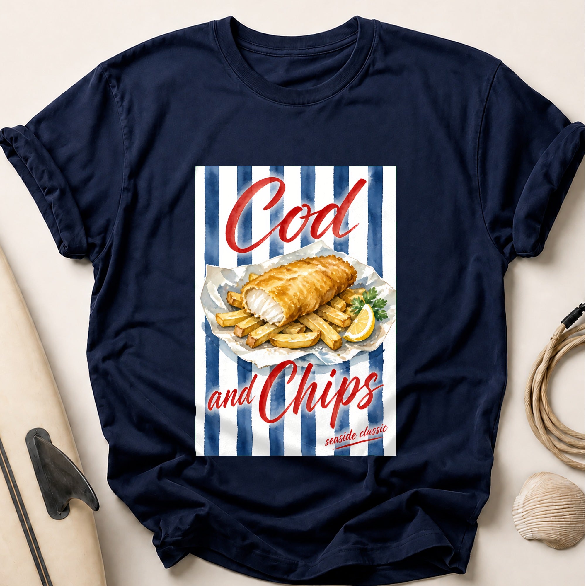 Cod and Chips Seaside Classic Fish Food Tee - Navy
