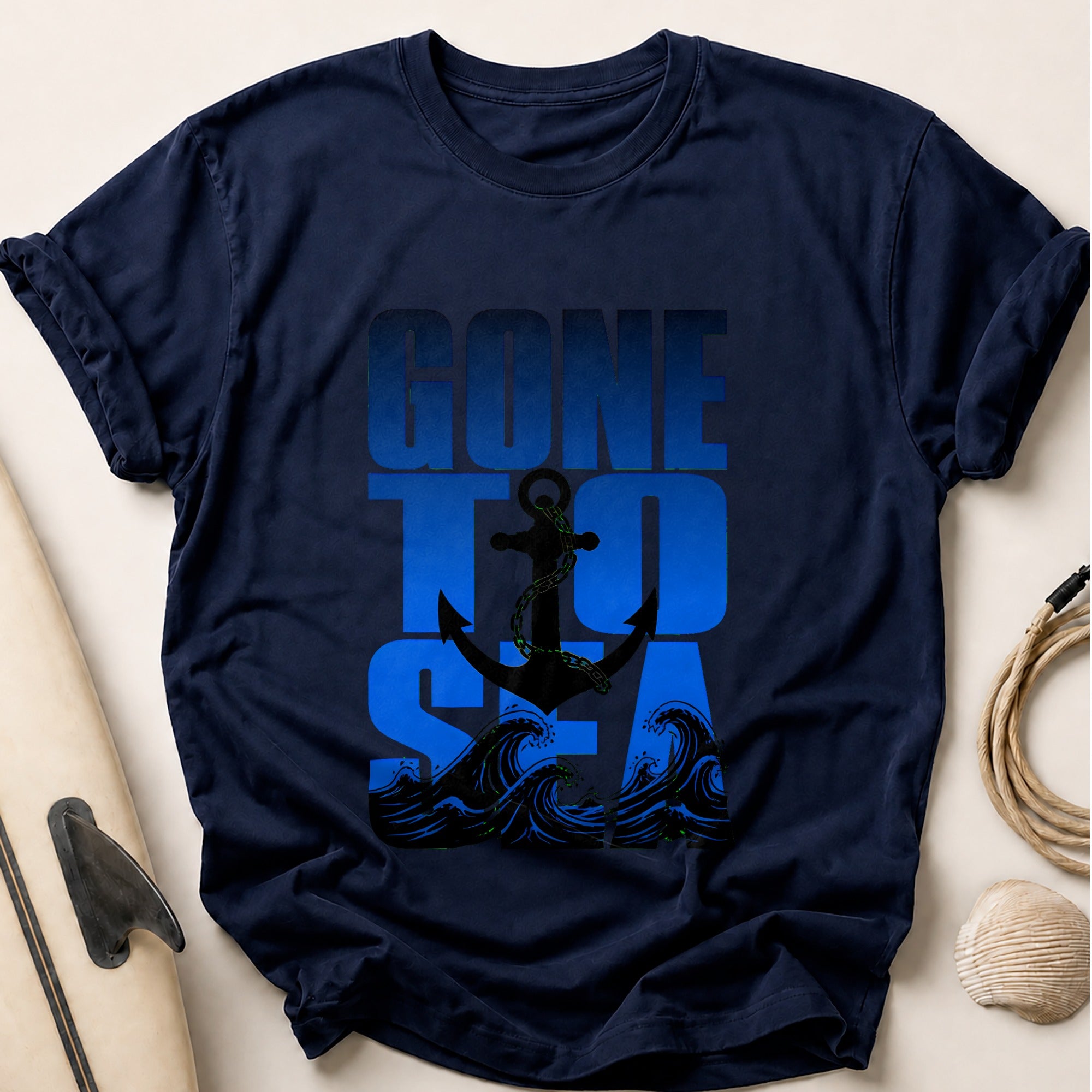 Gone Fishing Anchor Waves Nautical Tee - Navy