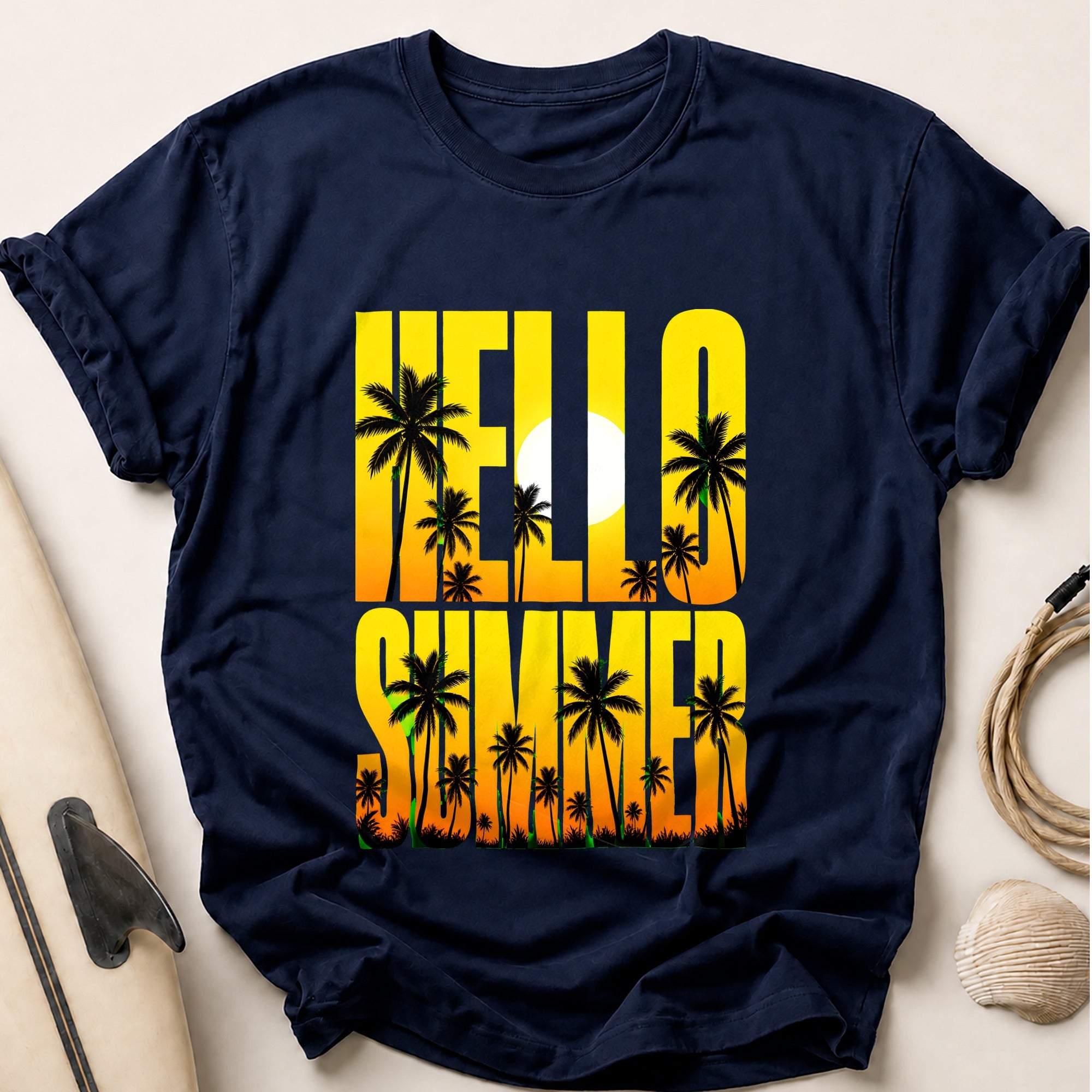 Hello Summer Palm Trees Tropical Tee - Navy