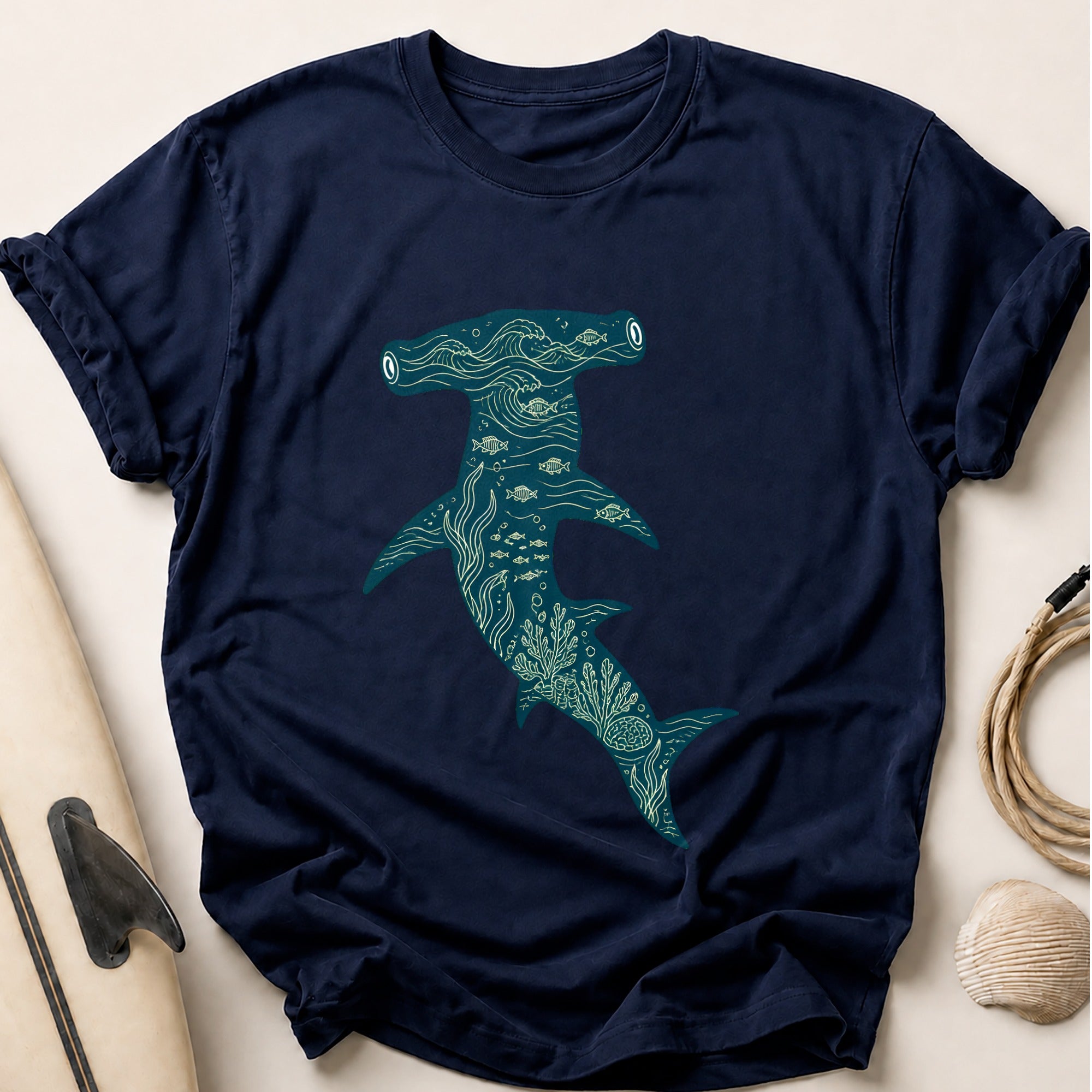 Ocean Shark Marine Life Fishing Tee - Navy