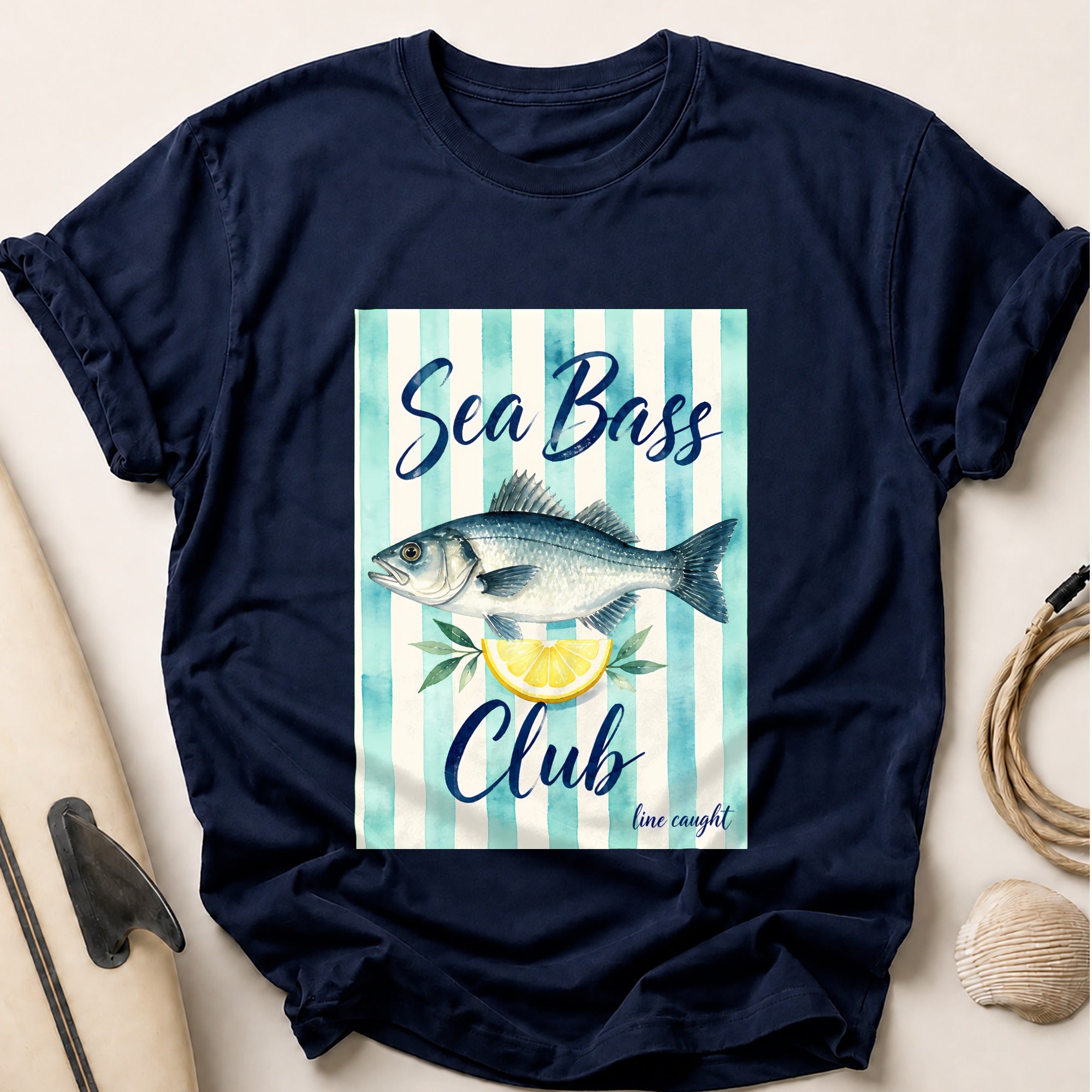 Sea Bass Club Line Caught Fishing Lemon Tee - Navy