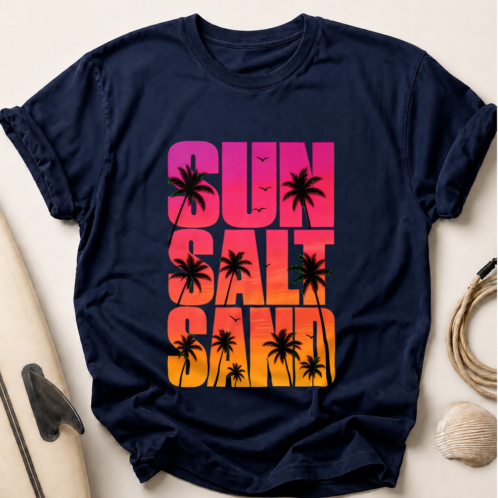 Sun and Palm Trees Retro Beach Vacation Funny Tee - Navy